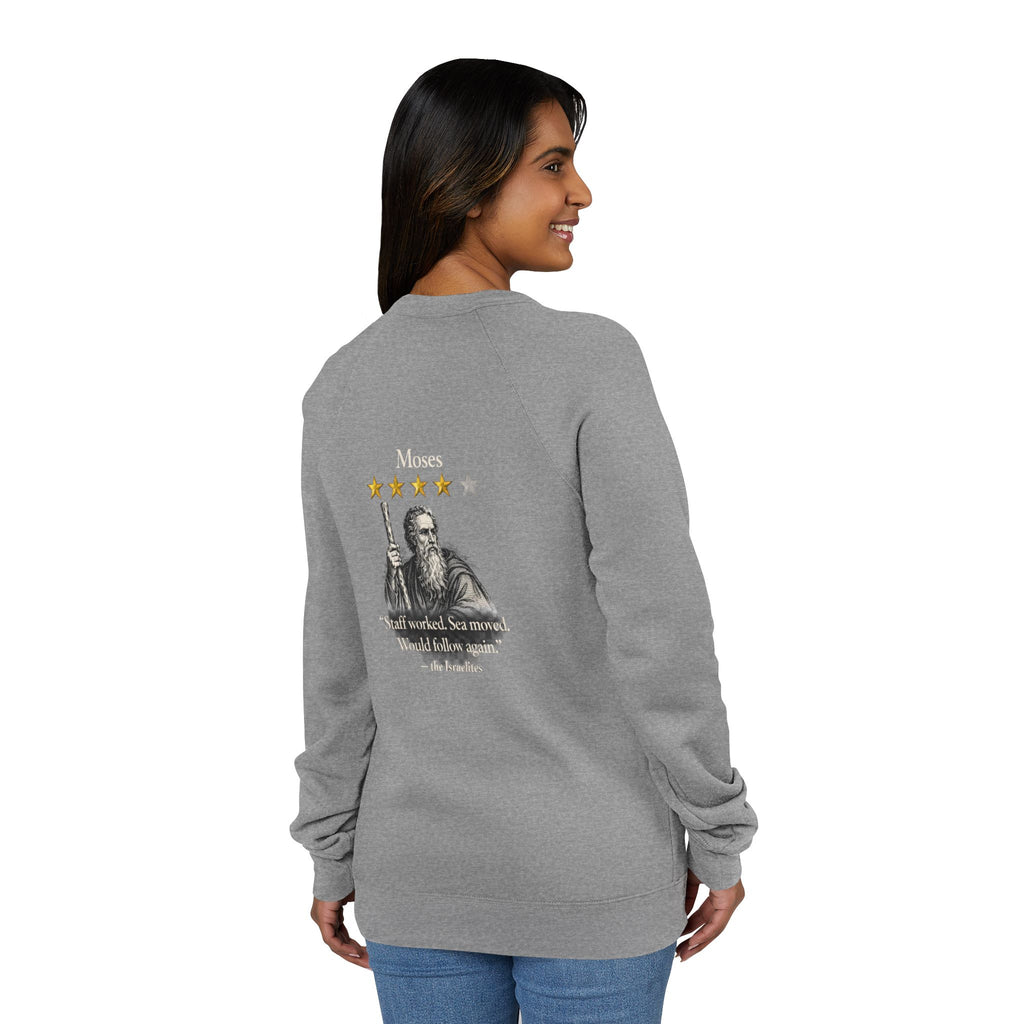 Moses Five-Star Faith Series – Raglan Sweatshirt | “Staff Worked. Sea Moved.” Faith Graphic