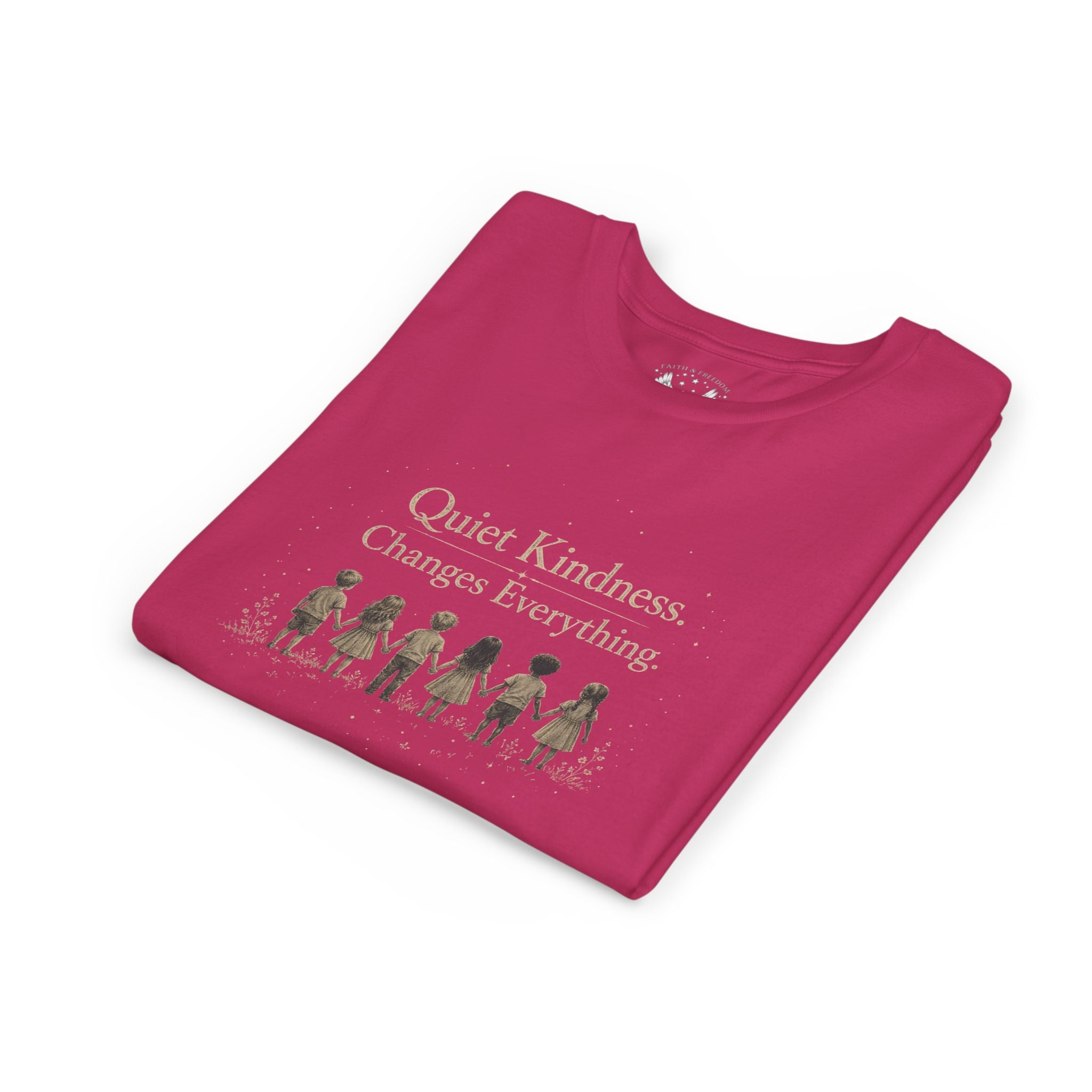Youth “Quiet Kindness Changes Everything” Tee – Kids Inspirational T-Shirt with Earth & Friends Graphic