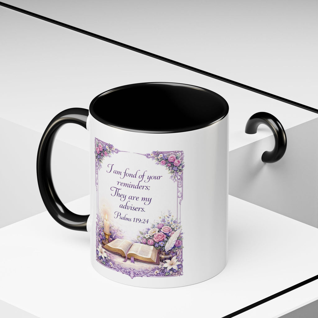 Inspirational Christian ceramic accent coffee mug featuring Psalm 119:24, delicate floral artwork, and the message “I am fond of your reminders” with colorful handle and interior accents.