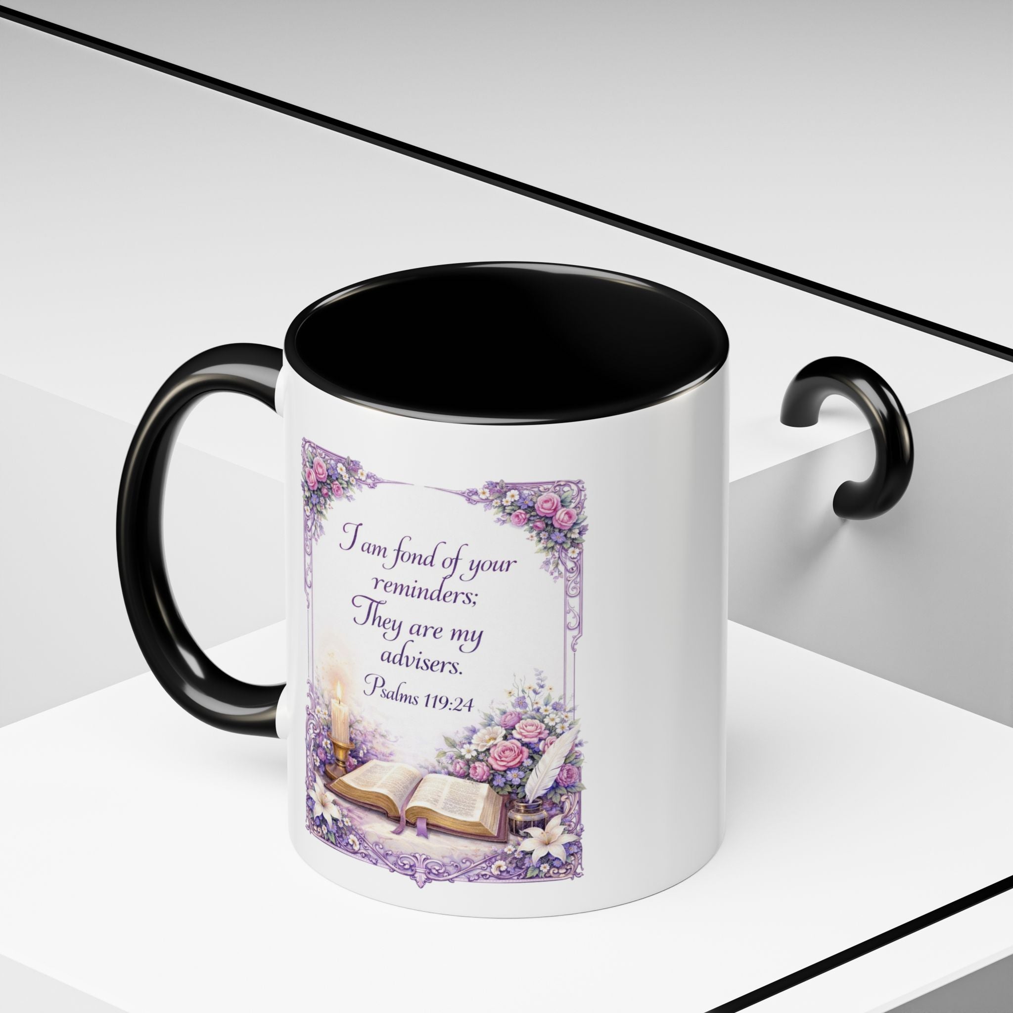 Inspirational Christian ceramic accent coffee mug featuring Psalm 119:24, delicate floral artwork, and the message “I am fond of your reminders” with colorful handle and interior accents.