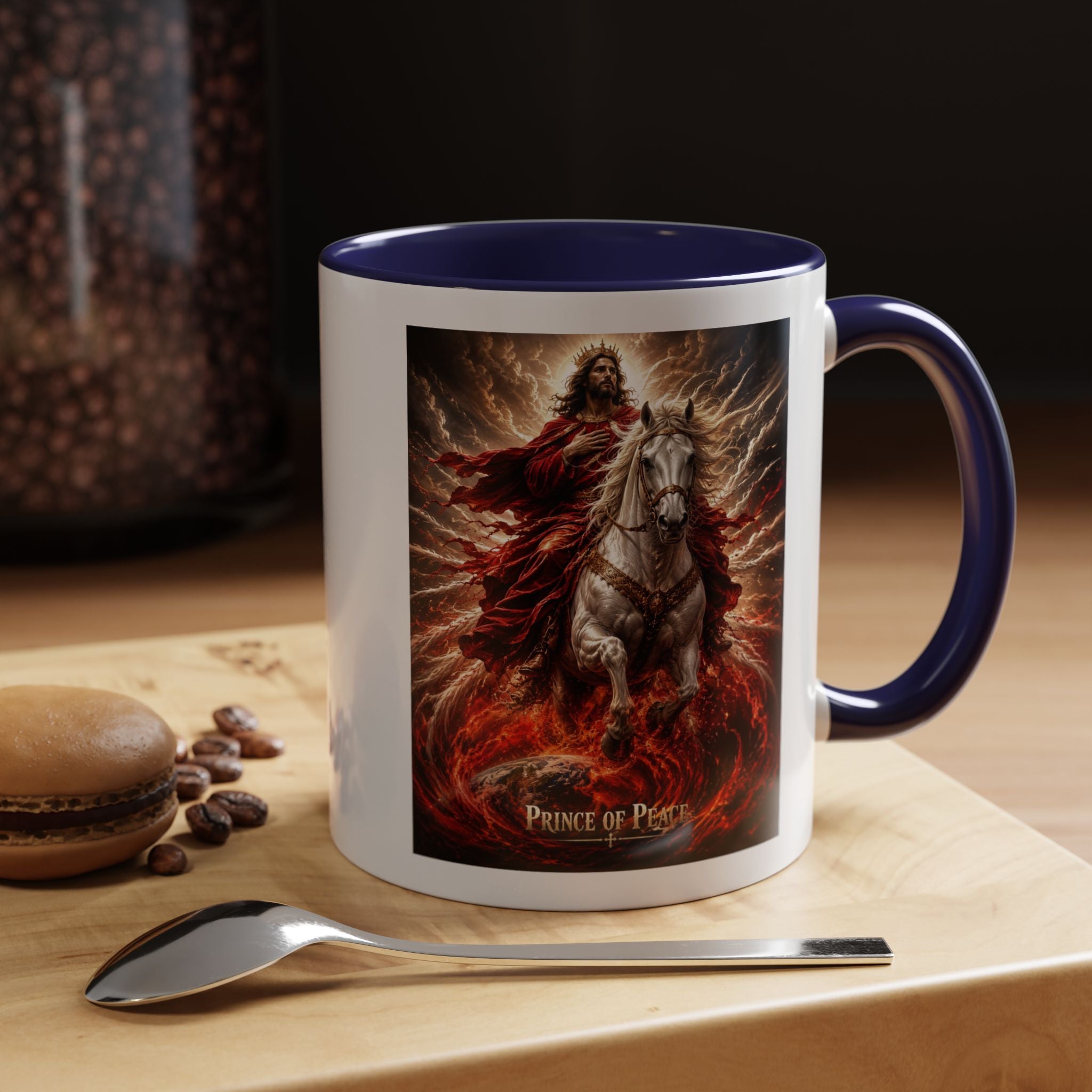 Inspirational Christian coffee mug featuring Jesus riding a white horse surrounded by radiant heavenly light with Prince of Peace artwork and colorful accent handle and interior.