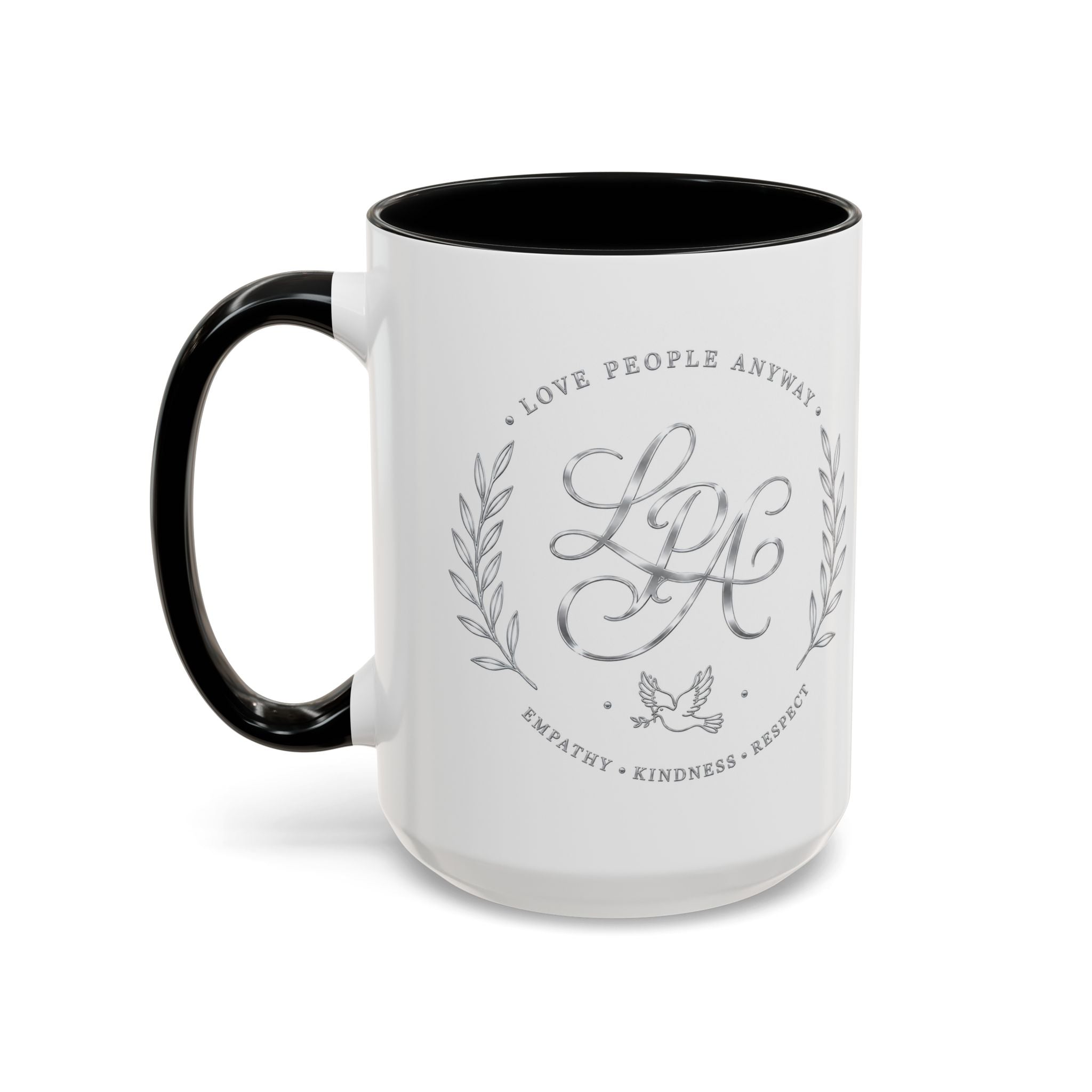 Love People Anyway Silver Accent Coffee Mug | Inspirational Monogram Mug | Faith Freedom Creations