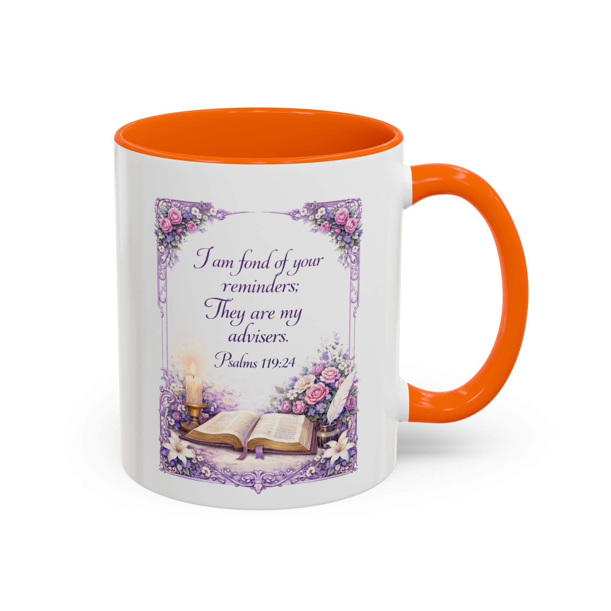 Inspirational Christian ceramic accent coffee mug featuring Psalm 119:24, delicate floral artwork, and the message “I am fond of your reminders” with colorful handle and interior accents.