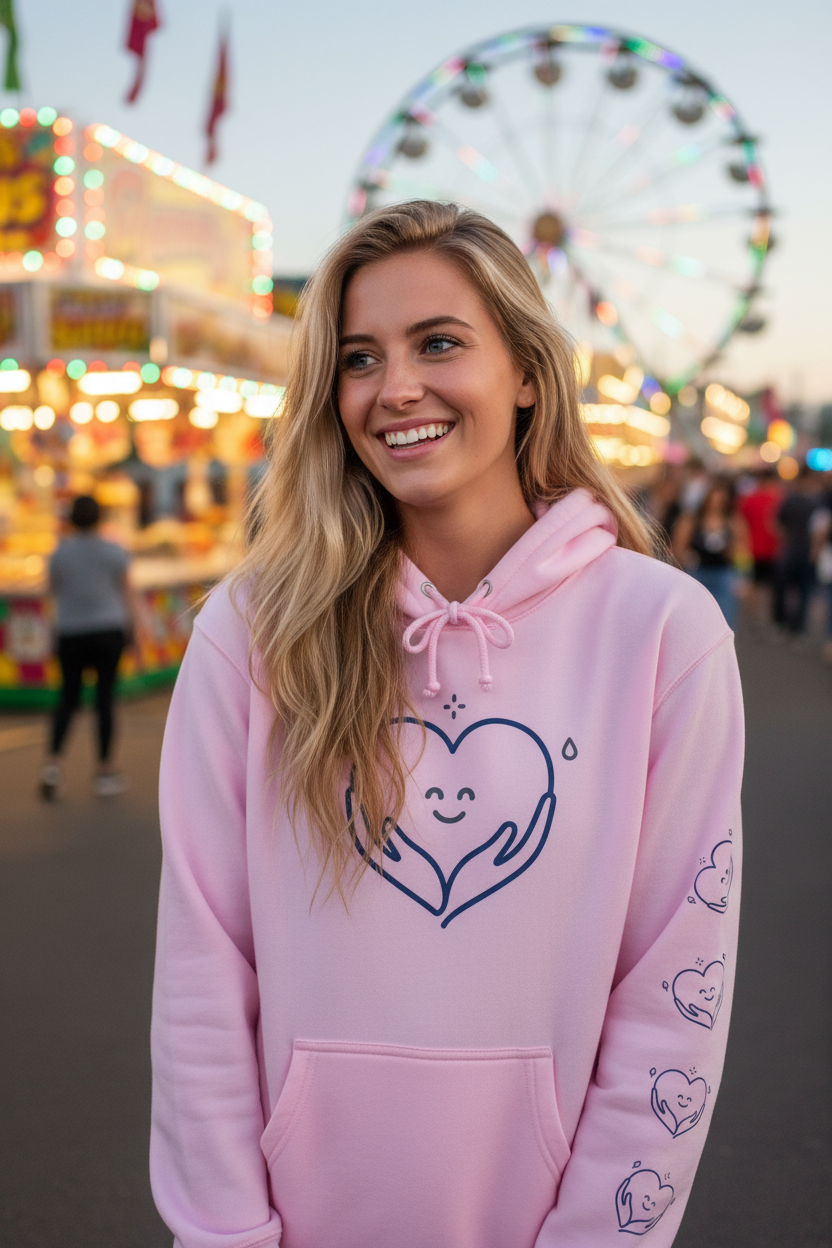 Woman wearing a pink hoodie with heart design at a fairground