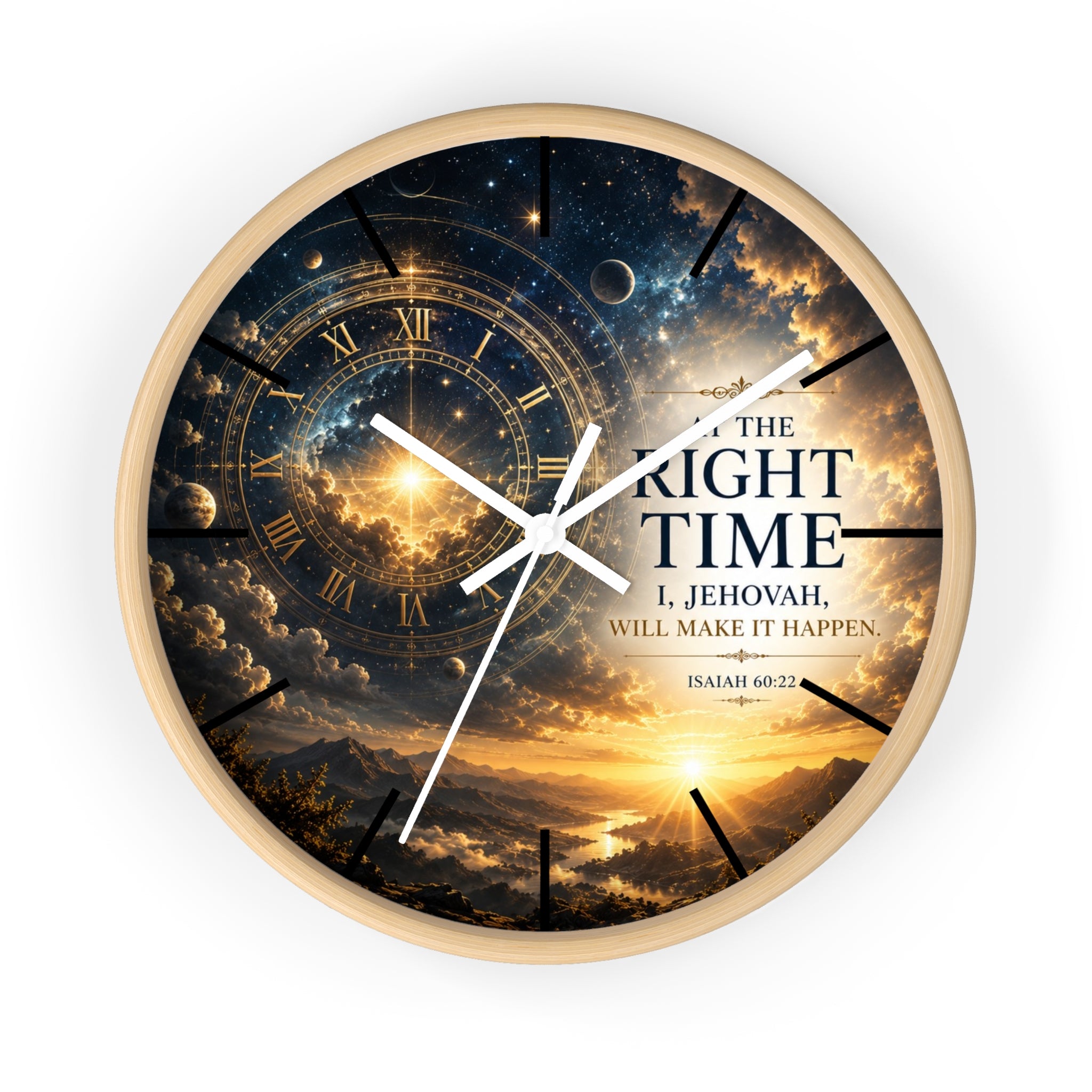 Bring peaceful encouragement into your home with this Isaiah 60:22 wall clock featuring celestial artwork, a golden sunrise, silent movement, and the comforting promise: “The Right Time, I Jehovah Will Make It Happen.”