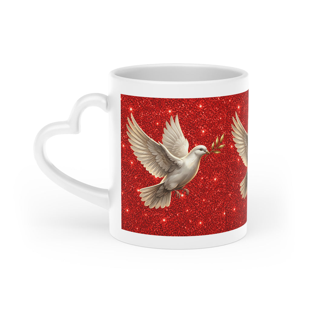 White ceramic heart-shaped handle mug featuring a graceful white dove carrying an olive branch on a vibrant sparkling red background with wraparound artwork.