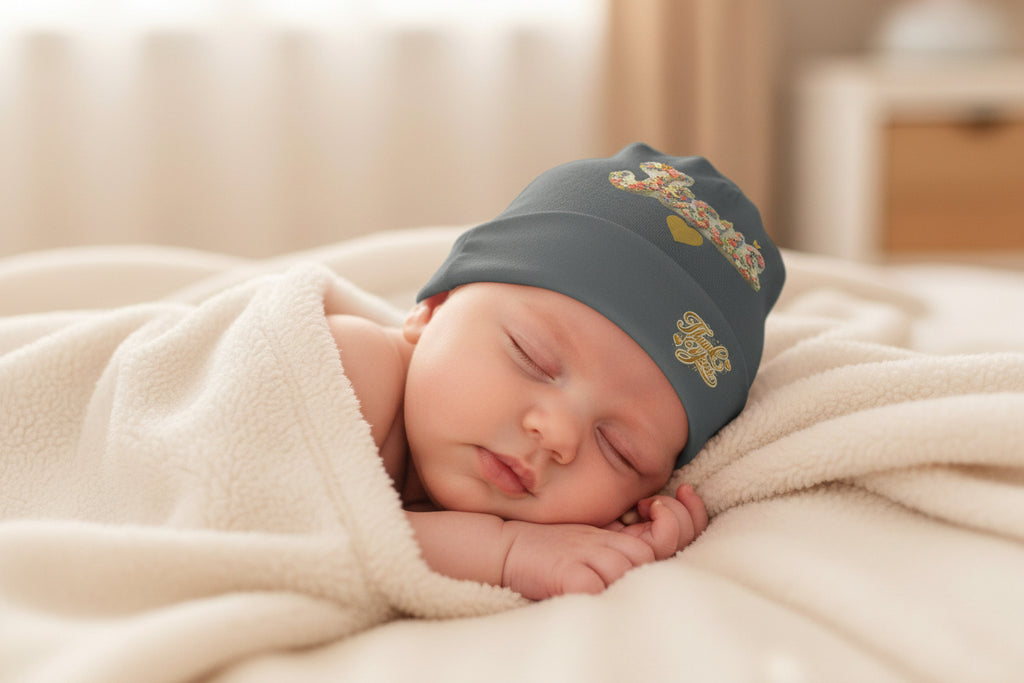 Floral Jesus Baby Beanie – Christian Newborn Hat with Gold Heart | Faith Baby Beanie