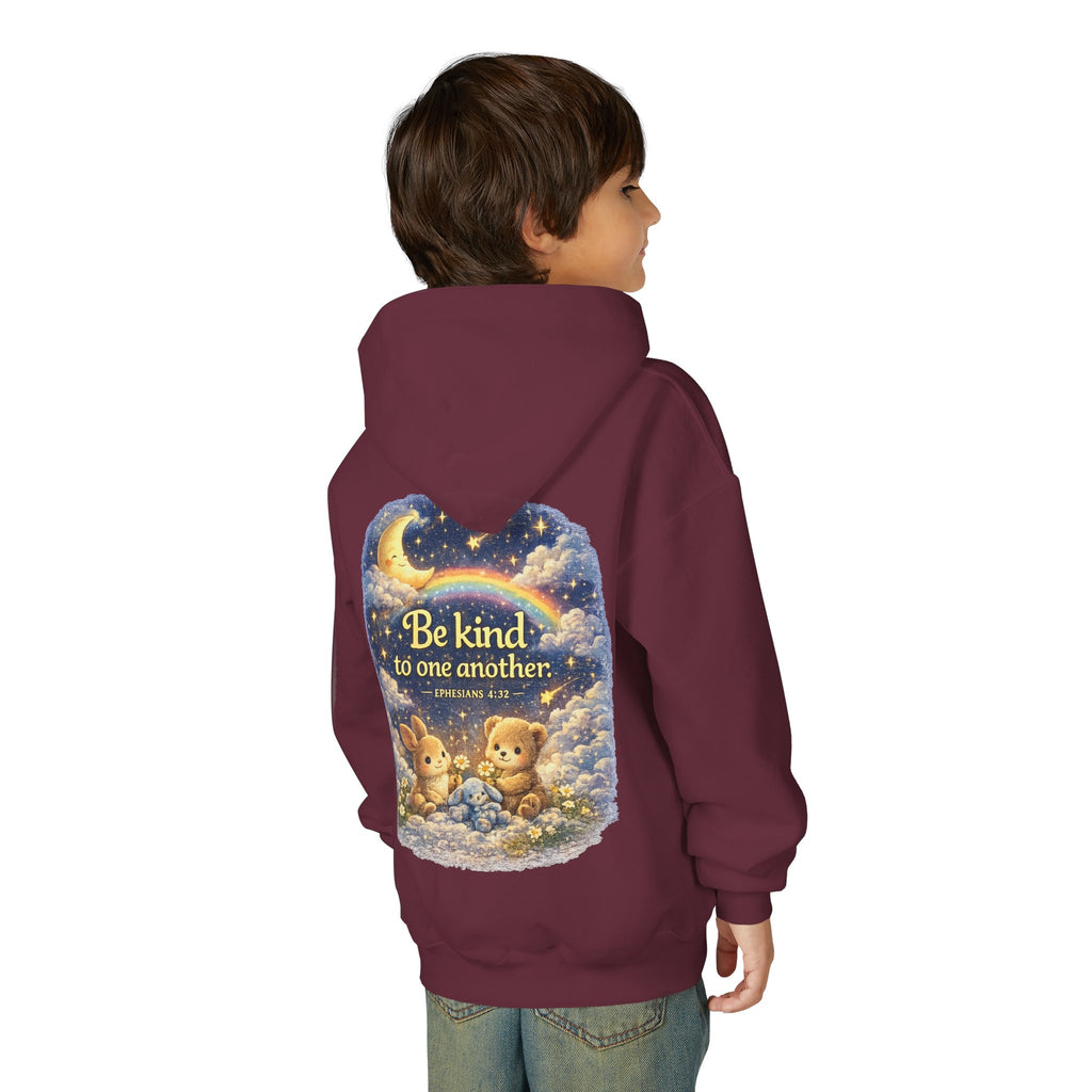 Youth “Be Kind to One Another” Hoodie – Cute Bunny Night Sky Scripture Sweatshirt
