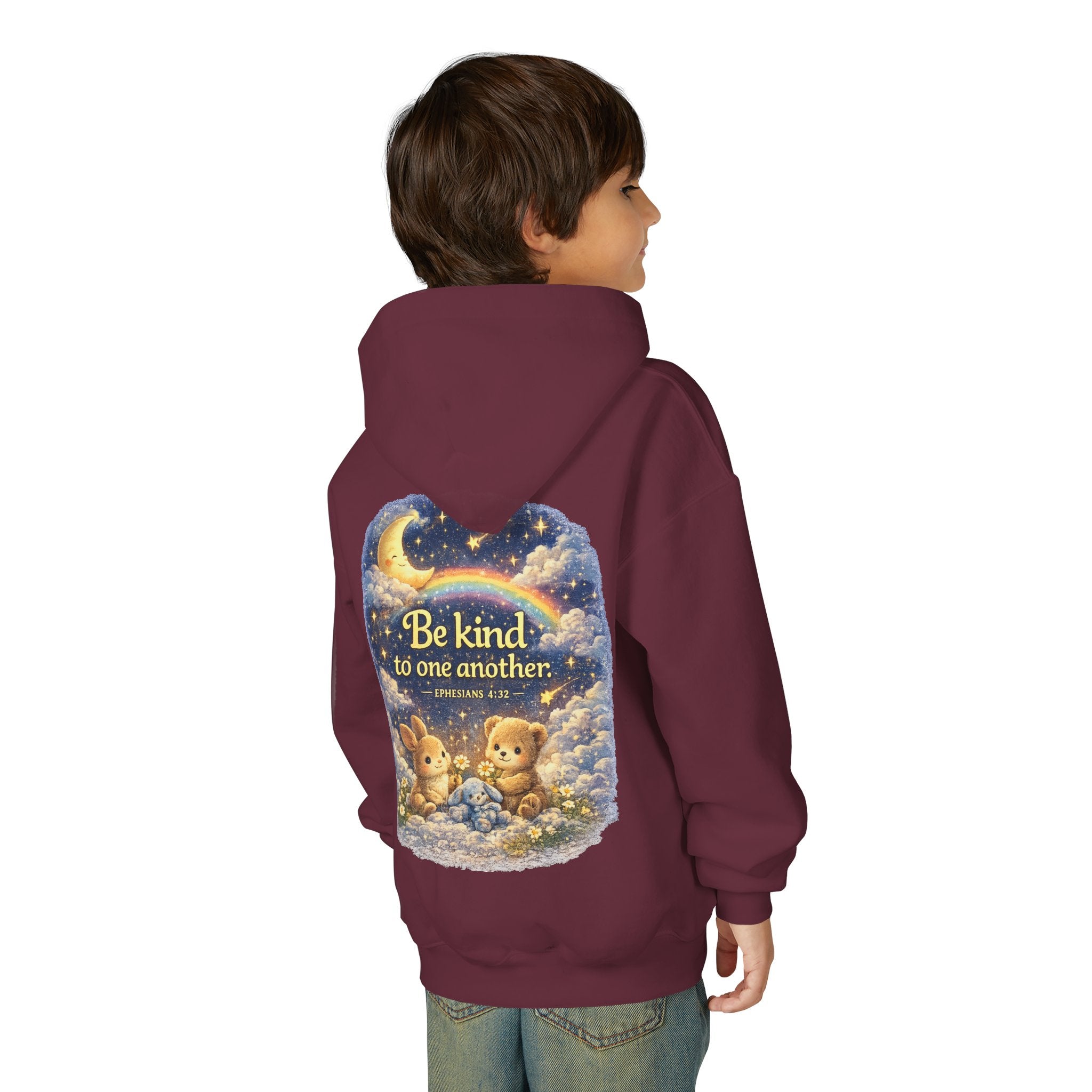 Youth “Be Kind to One Another” Hoodie – Cute Bunny Night Sky Scripture Sweatshirt