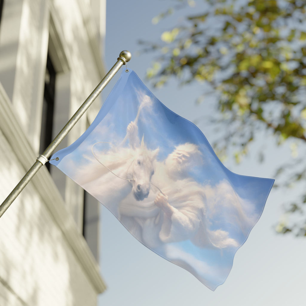 Double-sided Christian outdoor flag featuring Jesus riding on glowing clouds with vibrant heavenly artwork and inspirational faith-centered design.