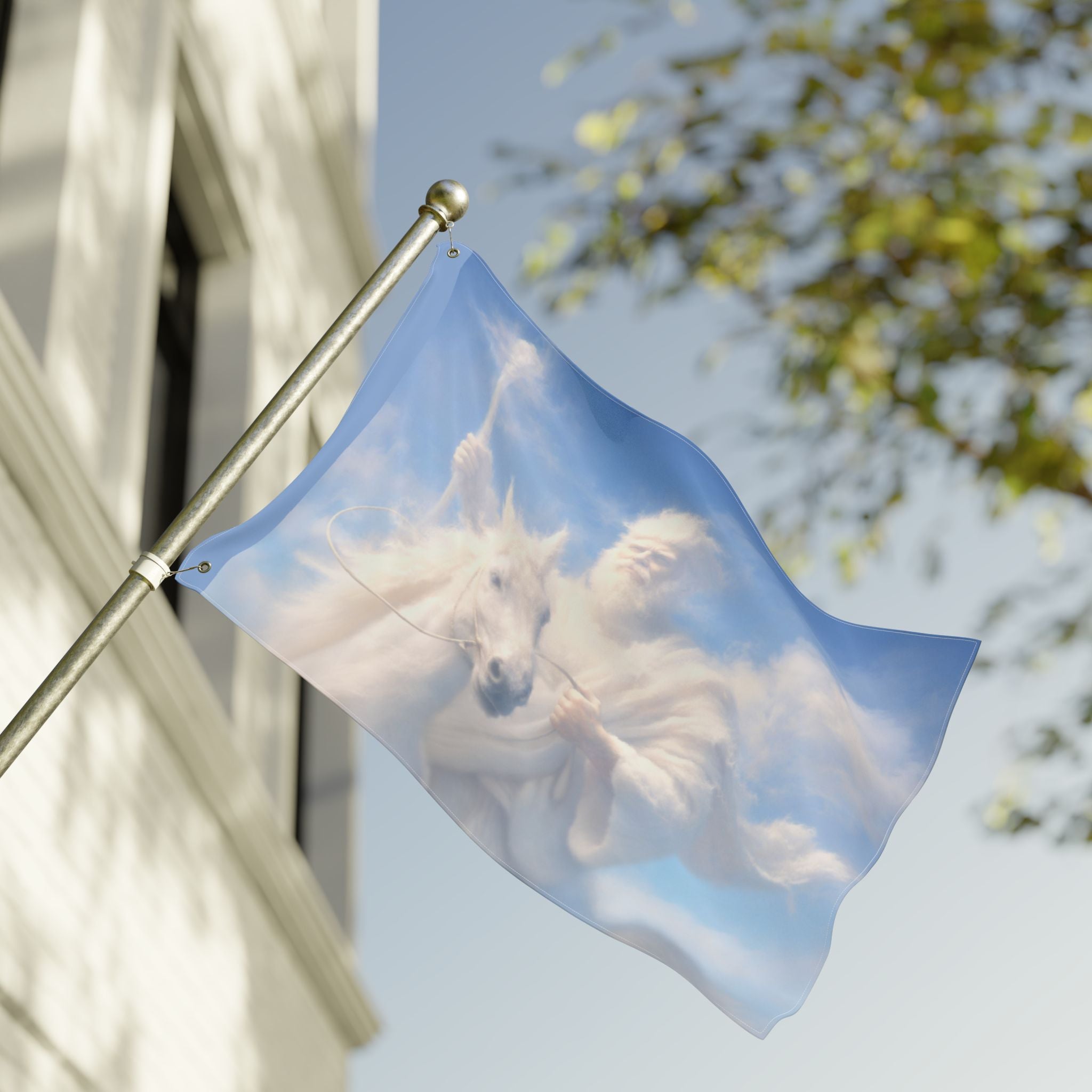Double-sided Christian outdoor flag featuring Jesus riding on glowing clouds with vibrant heavenly artwork and inspirational faith-centered design.