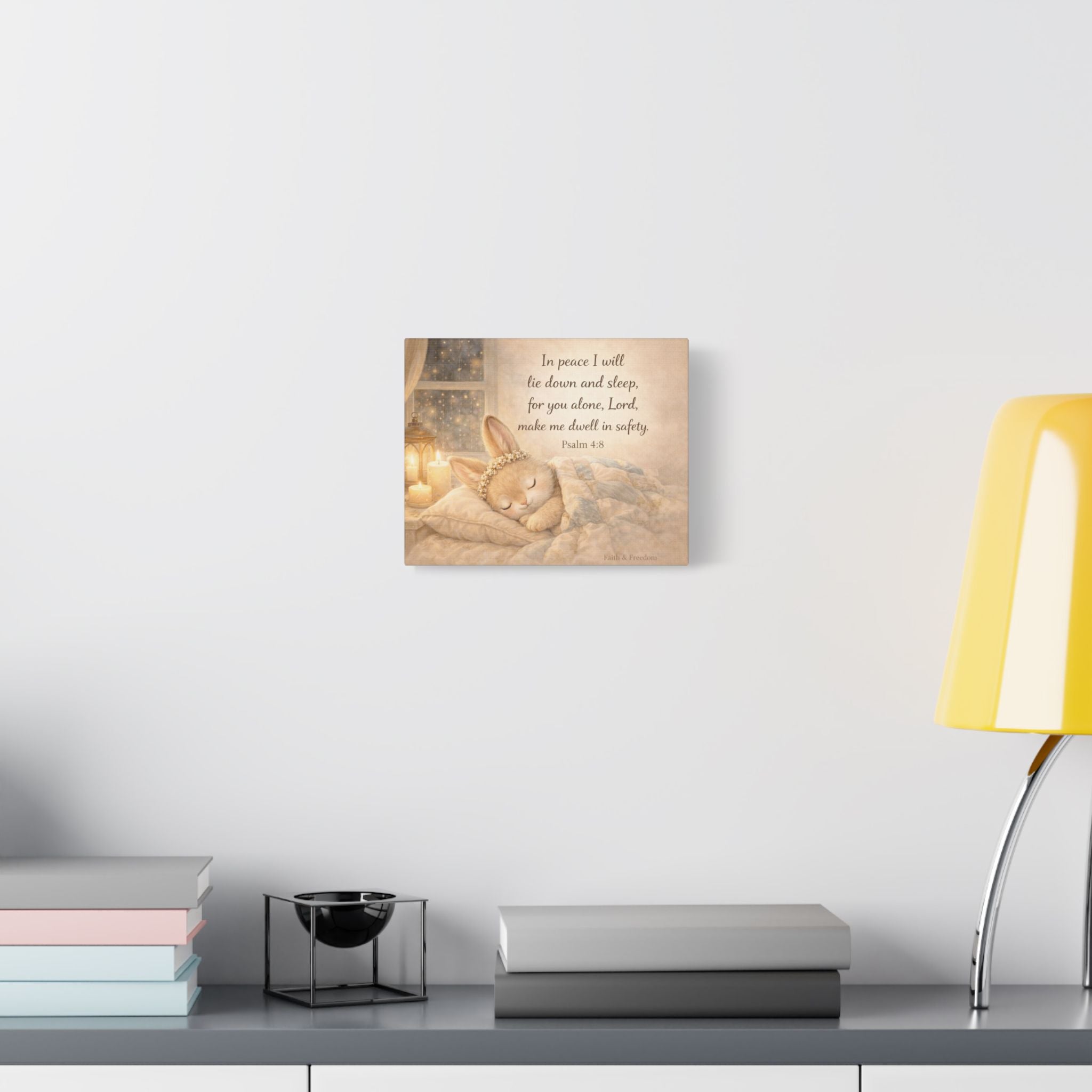 Sleeping Bunny Canvas — Psalm 4:8 Nursery Wall Art | Christian Baby Room Decor