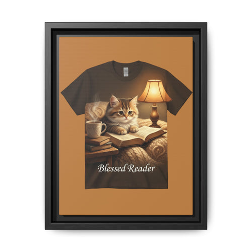 Blessed Reader Framed Canvas Print – Cozy Cat Reading Wall Art | Book Lover Cat Decor