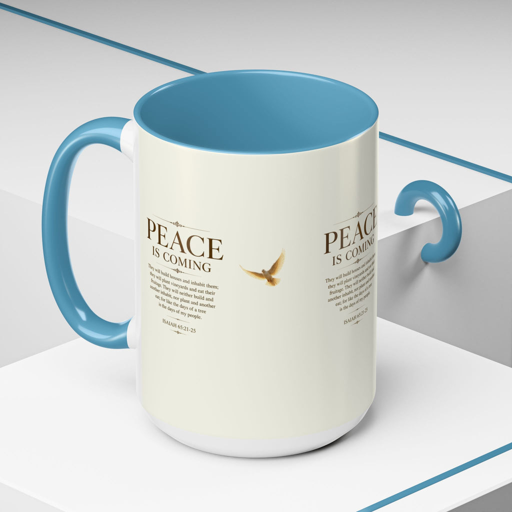 Inspirational Christian accent coffee mug featuring a peaceful dove and Isaiah 65:21-25 scripture with glossy finish and colorful handle and interior.