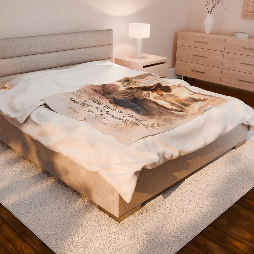 Draw Near to God Plush Blanket – James 4:8 Christian Throw | Prayerful Velveteen Cozy Blanket