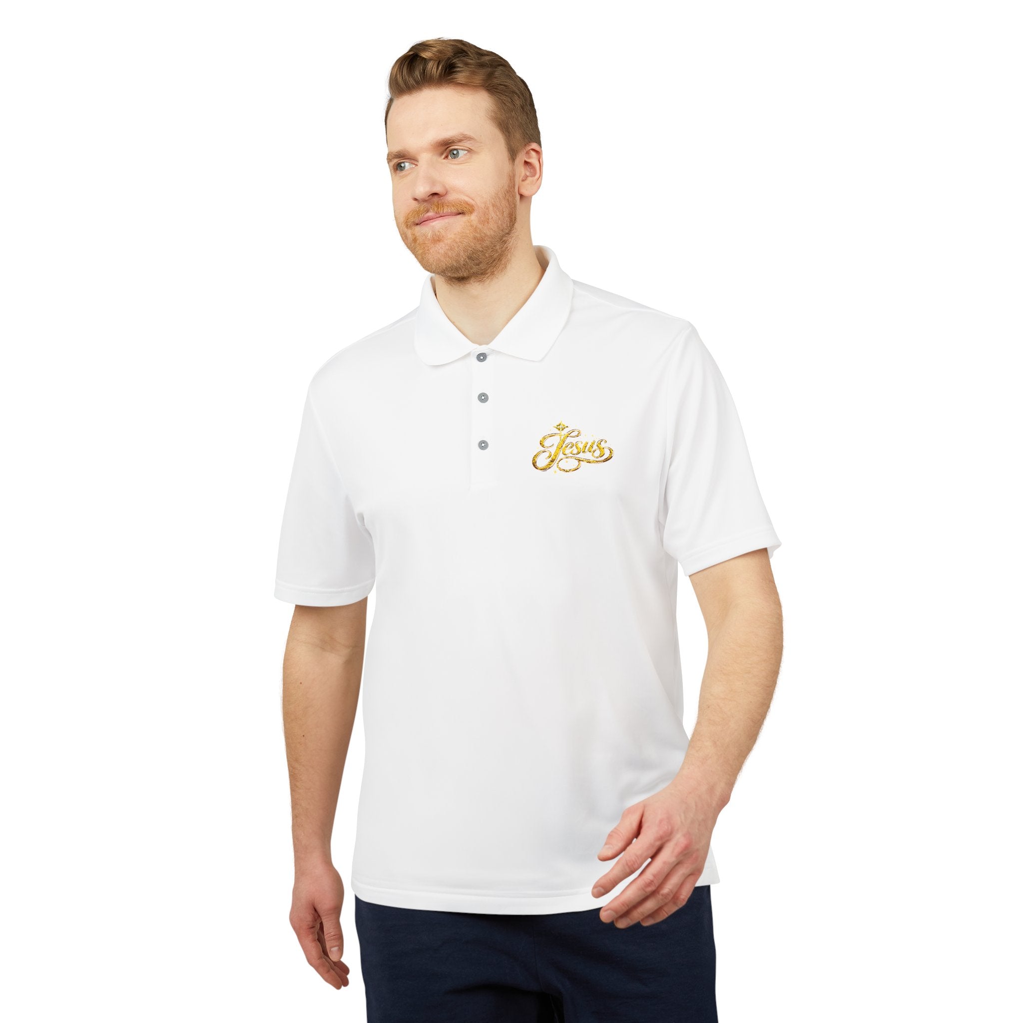 'Jesus' Script Embroidered Polo — Gold Faith Golf Shirt