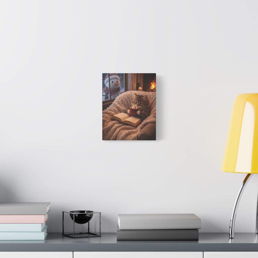 Winter Cat with Mug & Book Canvas — Cozy Cat Wall Art