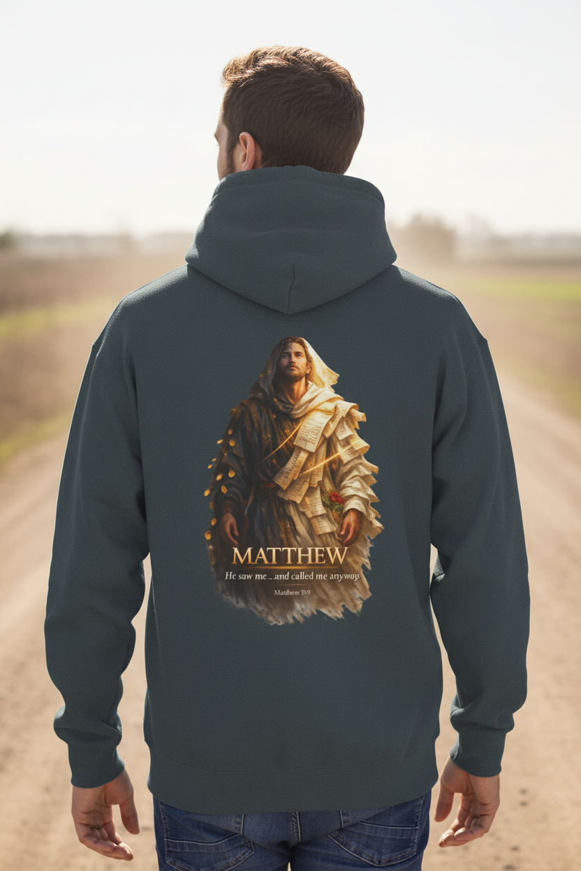 Christian fleece hoodie featuring Matthew Gospel inspired scripture artwork with soft relaxed comfort and quiet faith-centered design.