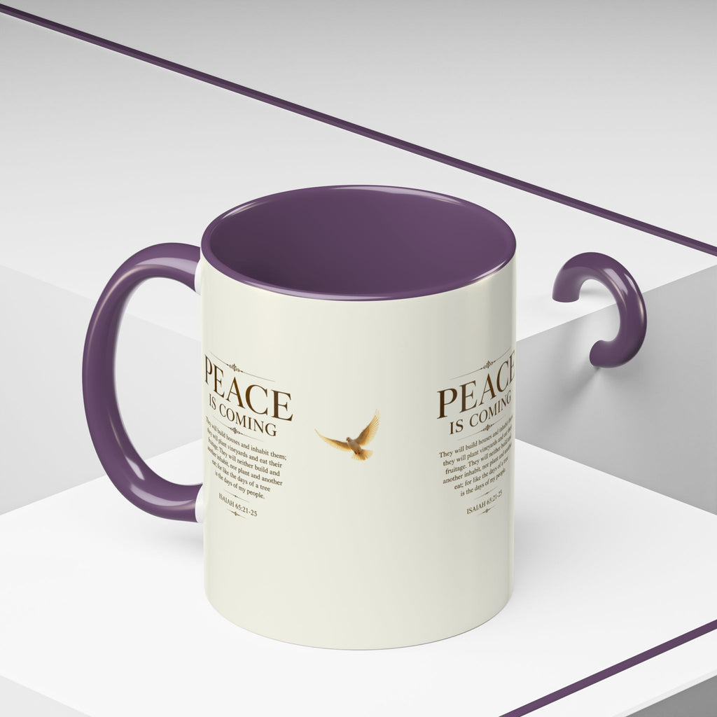 Inspirational Christian accent coffee mug featuring a peaceful dove and Isaiah 65:21-25 scripture with glossy finish and colorful handle and interior.