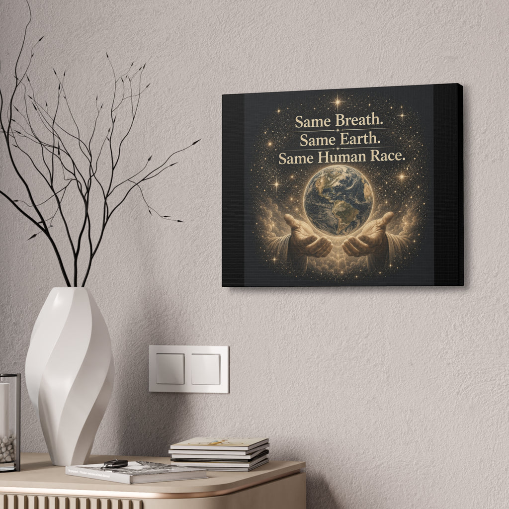 Inspirational canvas wall art featuring the earth held in gentle hands surrounded by glowing stars with the quote “Same Breath. Same Earth. Same Human Race.” in warm golden tones.