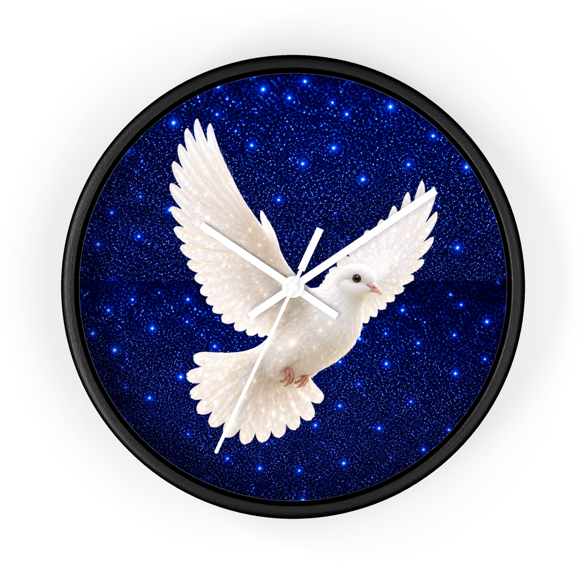 Round wall clock with a black frame, featuring a white dove in flight against a deep blue starry night background.