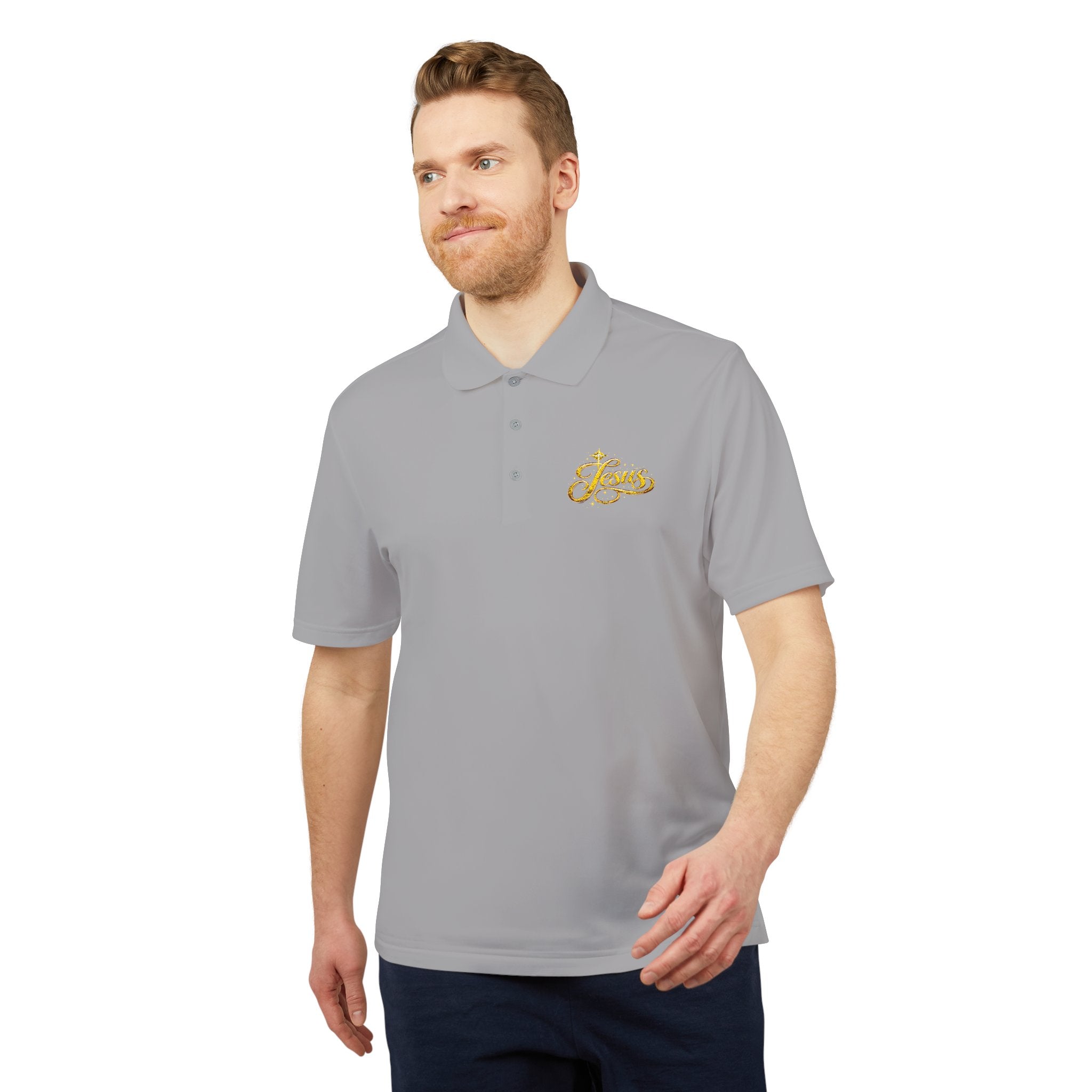 'Jesus' Script Embroidered Polo — Gold Faith Golf Shirt