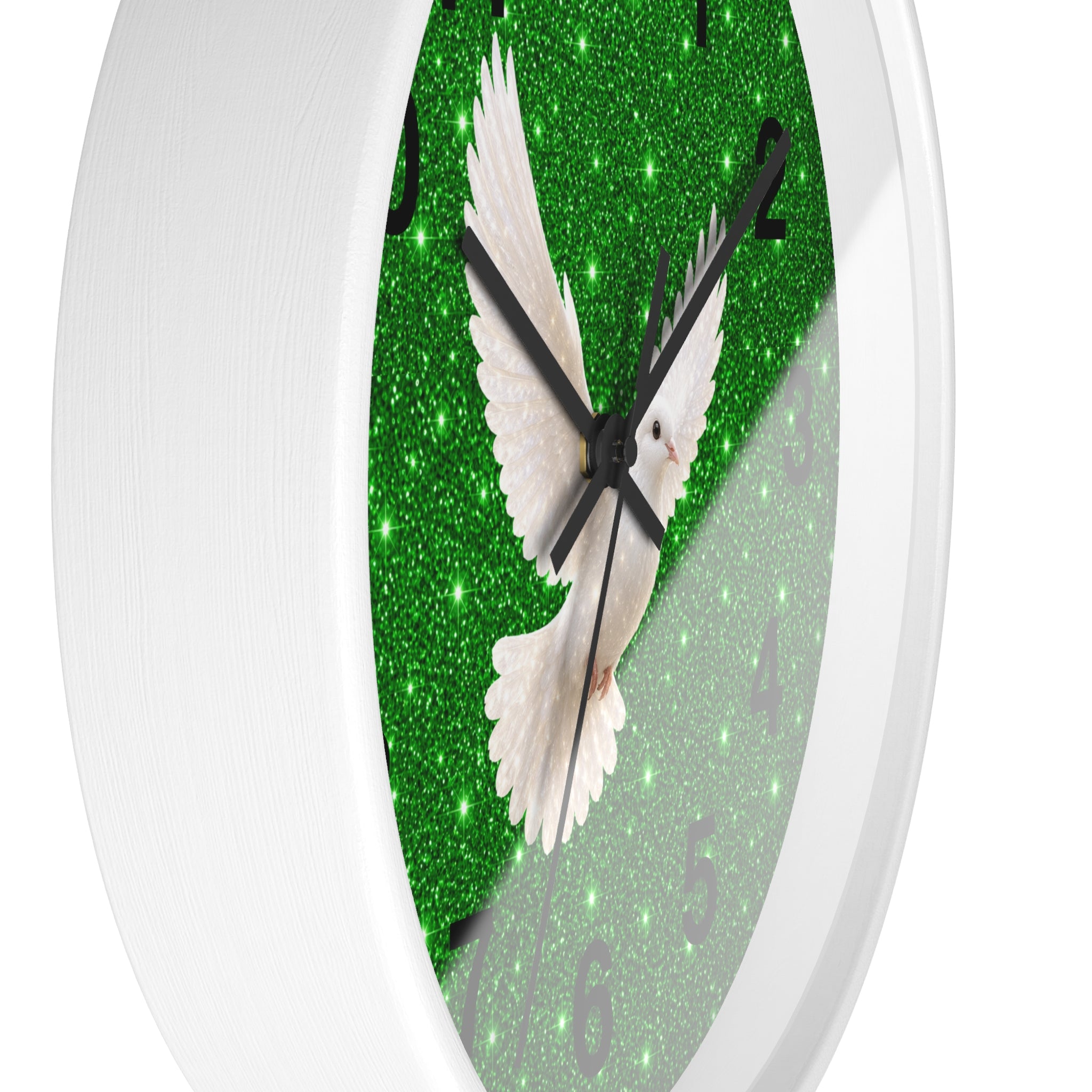 Peace Dove Wall Clock | Green Sparkle Christian Wall Decor | Silent White Dove Clock