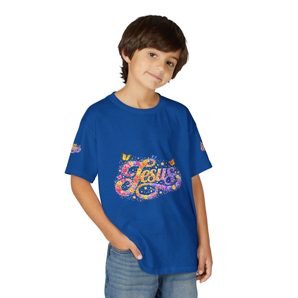 Youth Jesus Floral Butterfly T-Shirt – Christian Kids Faith Tee | Gratitude Sneaker Style Shirt