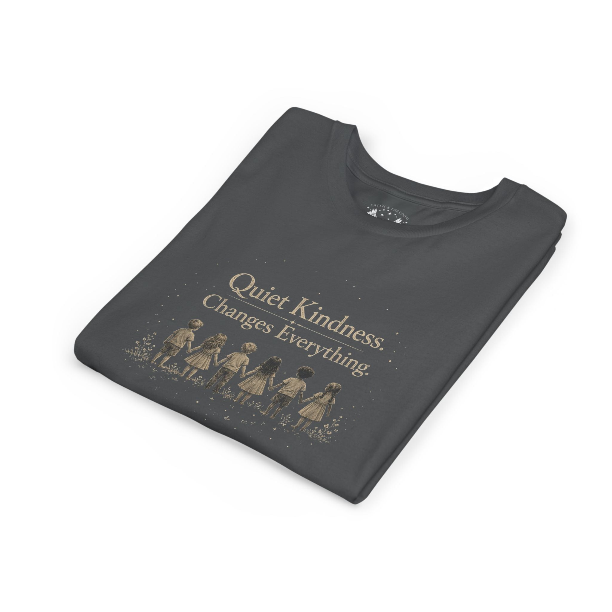 Youth “Quiet Kindness Changes Everything” Tee – Kids Inspirational T-Shirt with Earth & Friends Graphic