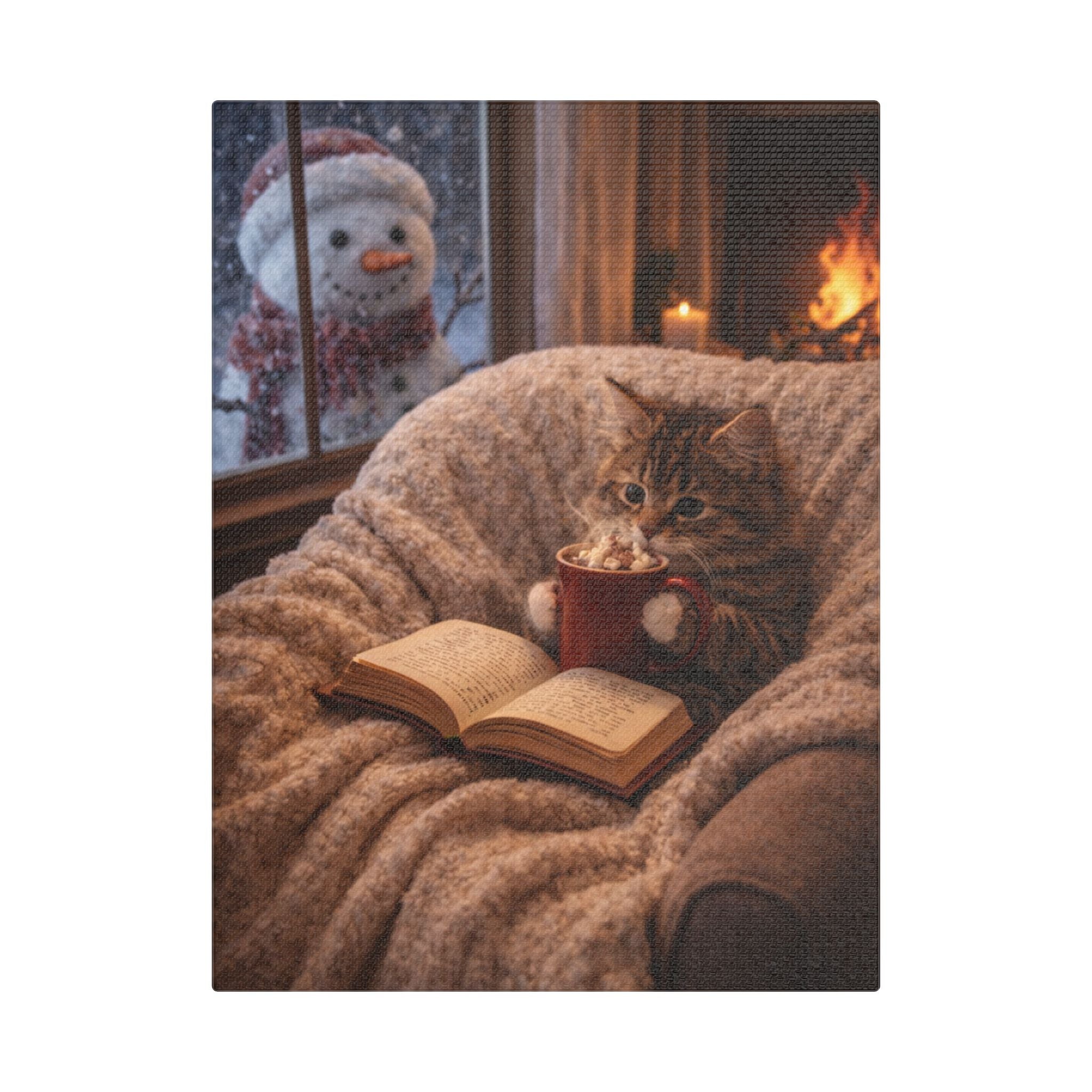Winter Cat with Mug & Book Canvas — Cozy Cat Wall Art