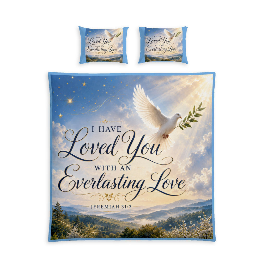 Christian cotton bedding set featuring a white dove flying through a peaceful sky with the scripture Jeremiah 31:3, "I Have Loved You With an Everlasting Love," on a duvet cover and matching pillow sham.
