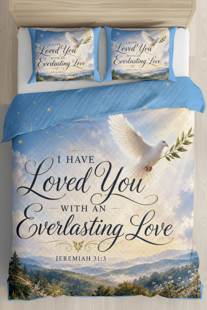 Christian cotton bedding set featuring a white dove flying through a peaceful sky with the scripture Jeremiah 31:3, "I Have Loved You With an Everlasting Love," on a duvet cover and matching pillow sham.