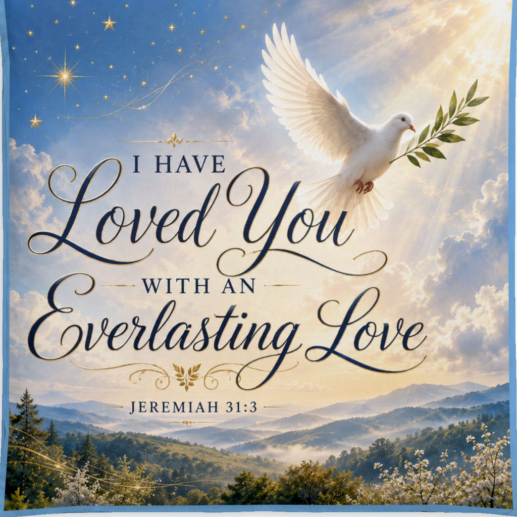 Christian cotton bedding set featuring a white dove flying through a peaceful sky with the scripture Jeremiah 31:3, "I Have Loved You With an Everlasting Love," on a duvet cover and matching pillow sham.