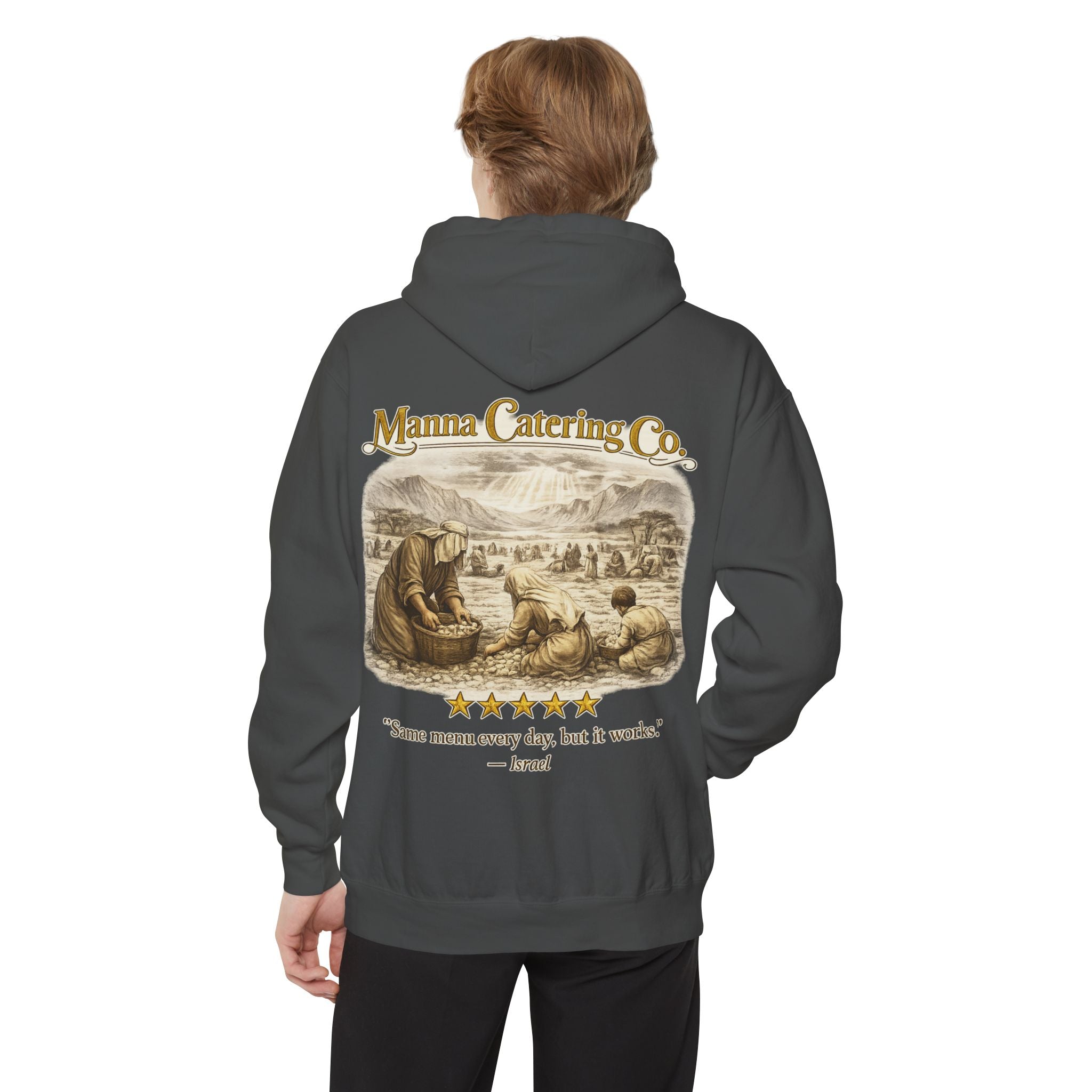 Manna Catering Co. – Hoodie | “Manna Review” Vintage Graphic – Five-Star Faith Series