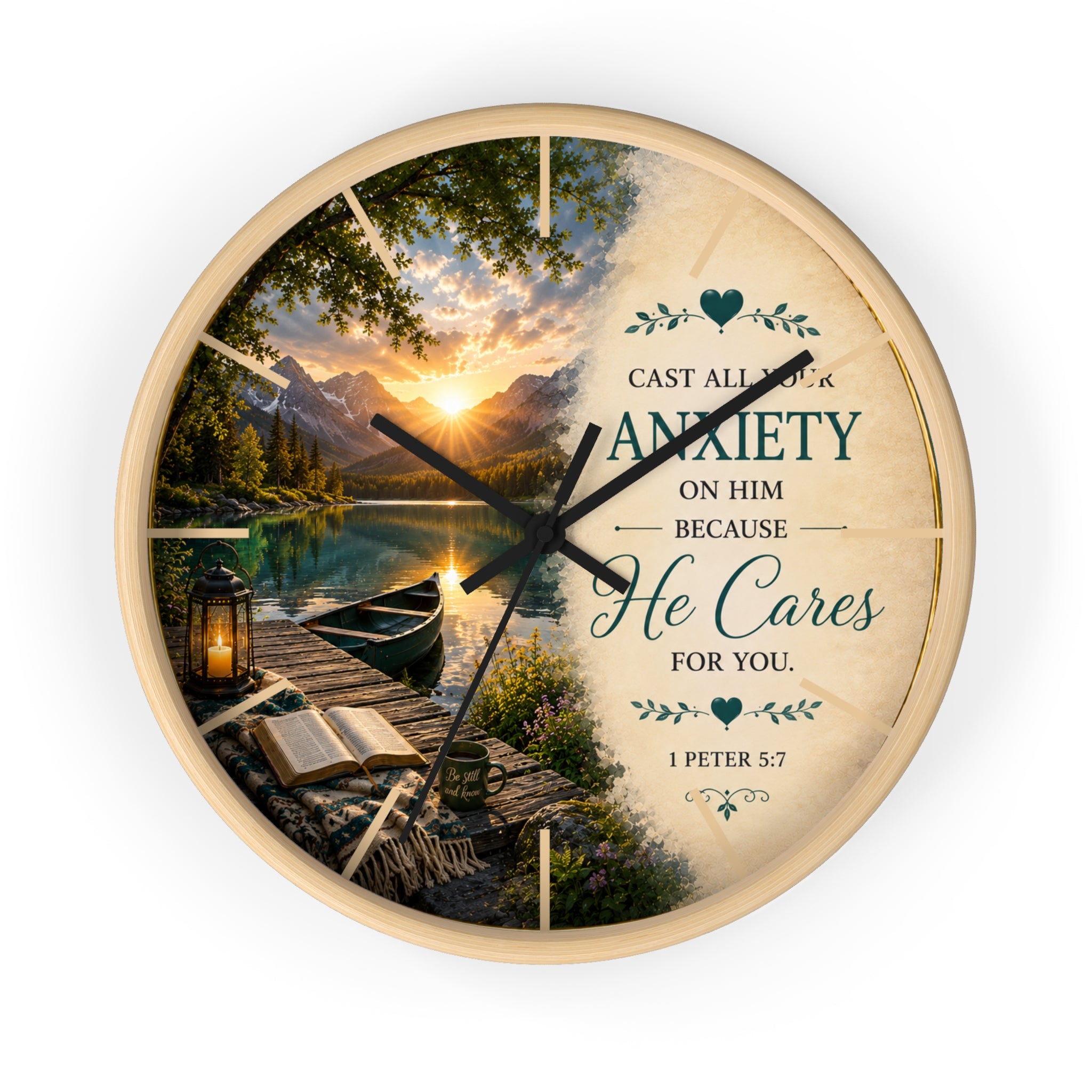 Inspirational Christian wall clock featuring a peaceful lakeside sunrise with a dock, canoe, and 1 Peter 5:7 scripture about casting anxiety on Him.