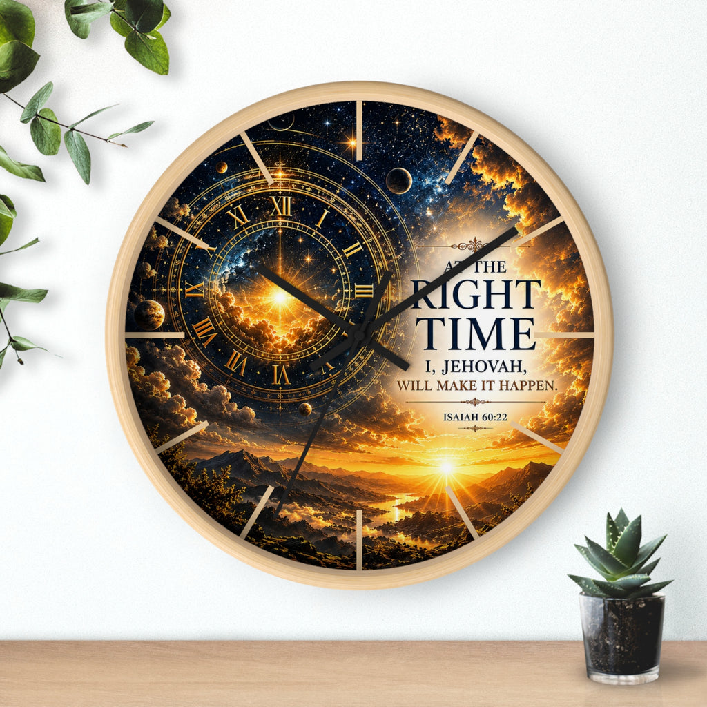 Inspirational Christian wall clock featuring celestial skies, glowing golden gears, and Isaiah 60:22 scripture with the phrase “The Right Time: I, Jehovah, Will Make It Happen.”