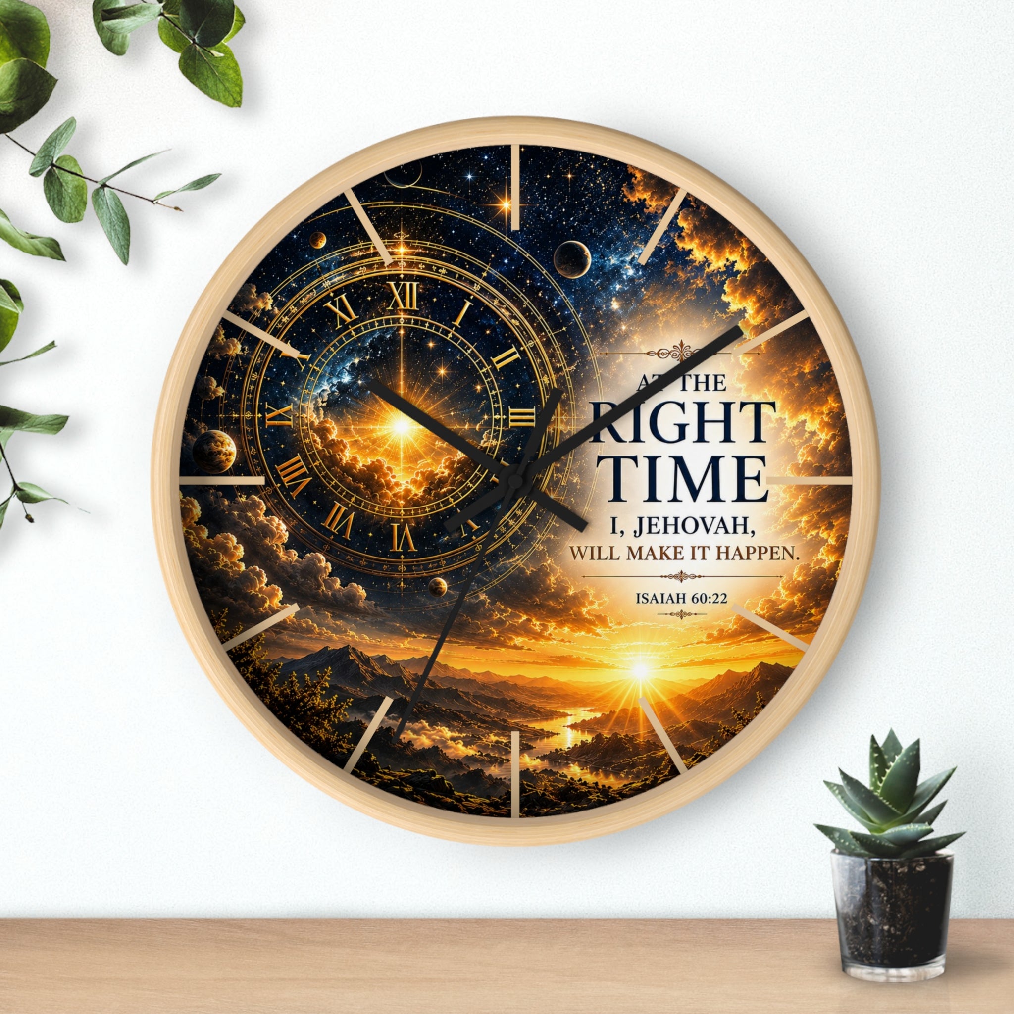 Inspirational Christian wall clock featuring celestial skies, glowing golden gears, and Isaiah 60:22 scripture with the phrase “The Right Time: I, Jehovah, Will Make It Happen.”