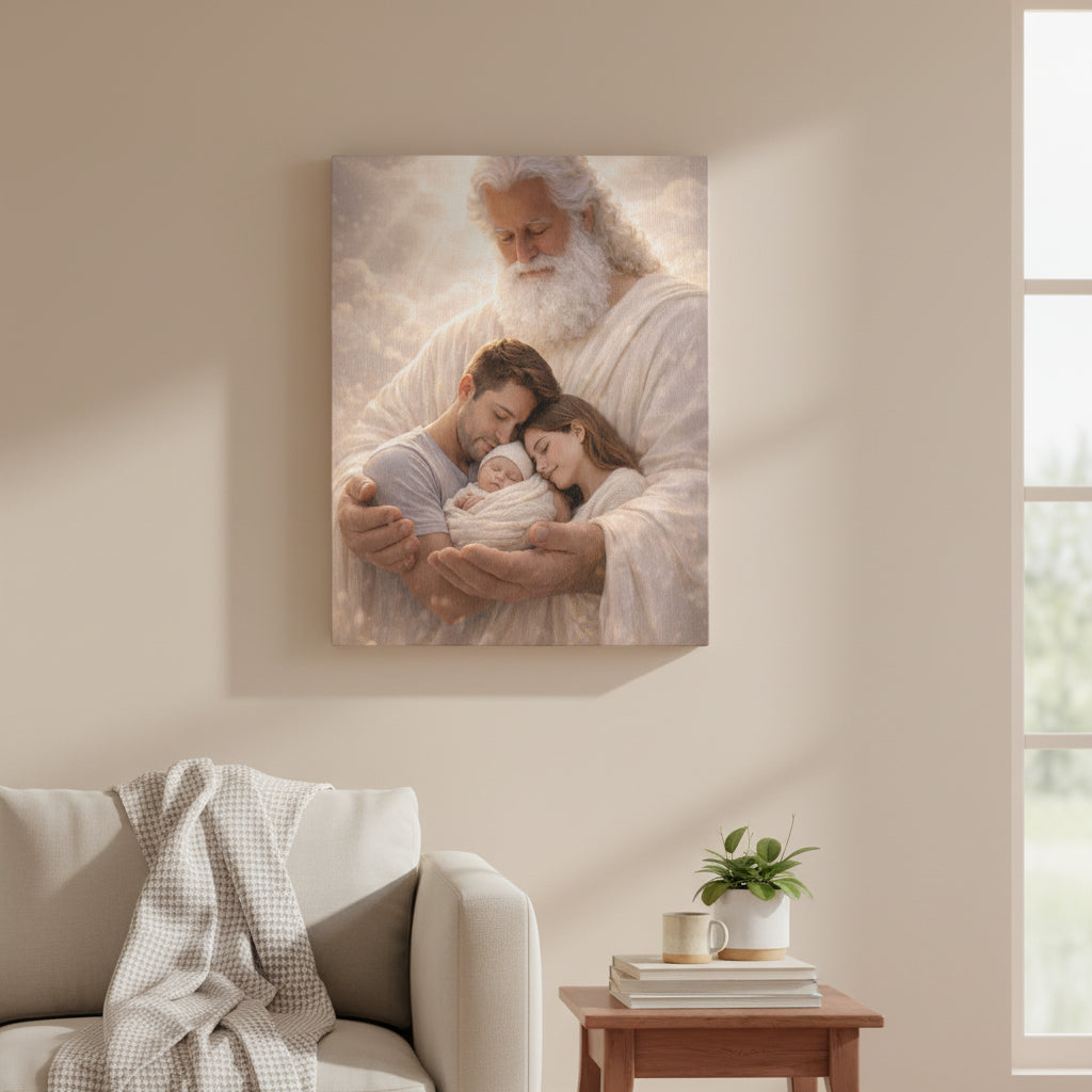 Safely in His Hands Canvas — Family Sleeping in God's Embrace | Christian Family Wall Art
