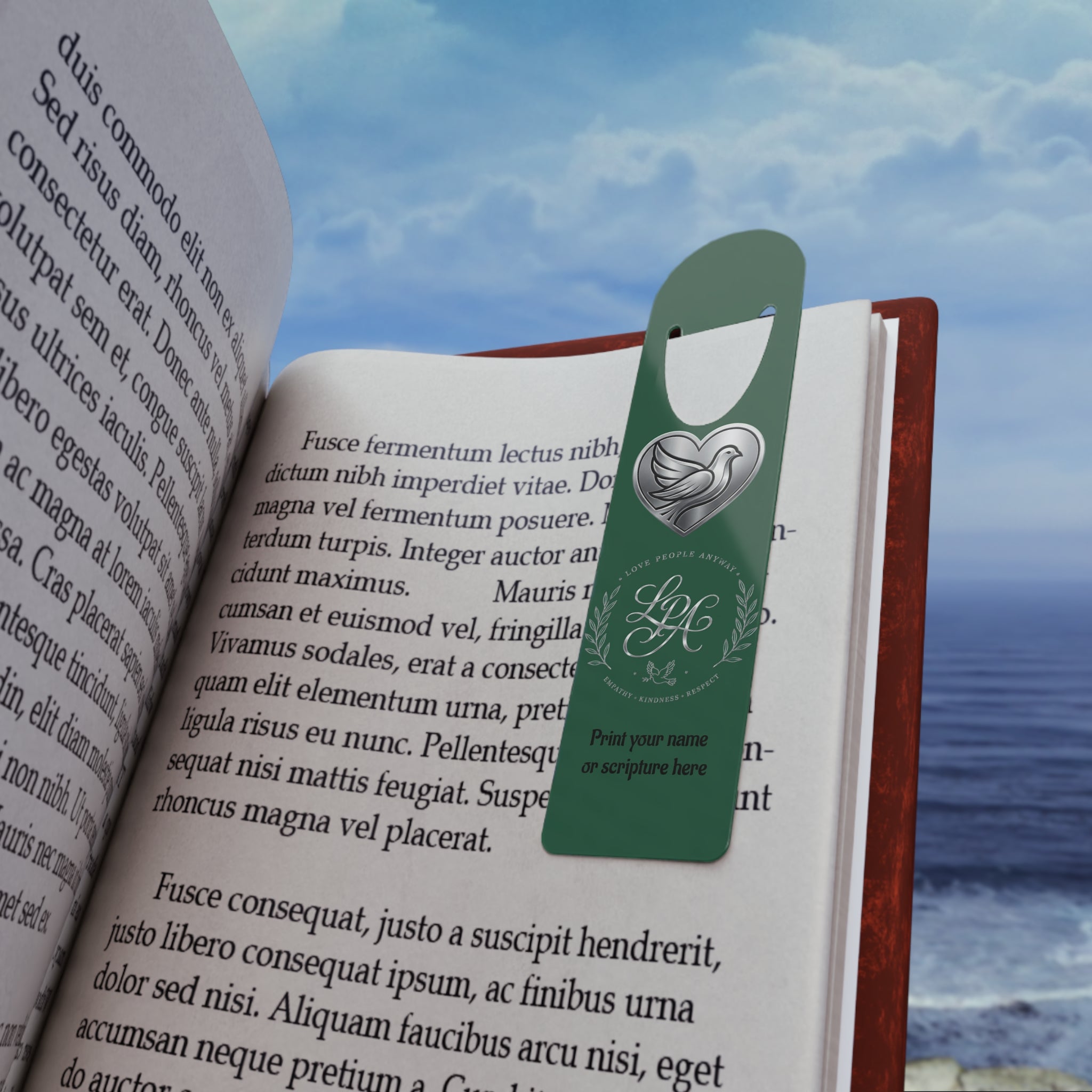 Personalized aluminum bookmark featuring the LPG monogram, “Love People Anyway” message, elegant custom design, brushed metal backing, and secure page-holding slot for books, journals, and devotionals.