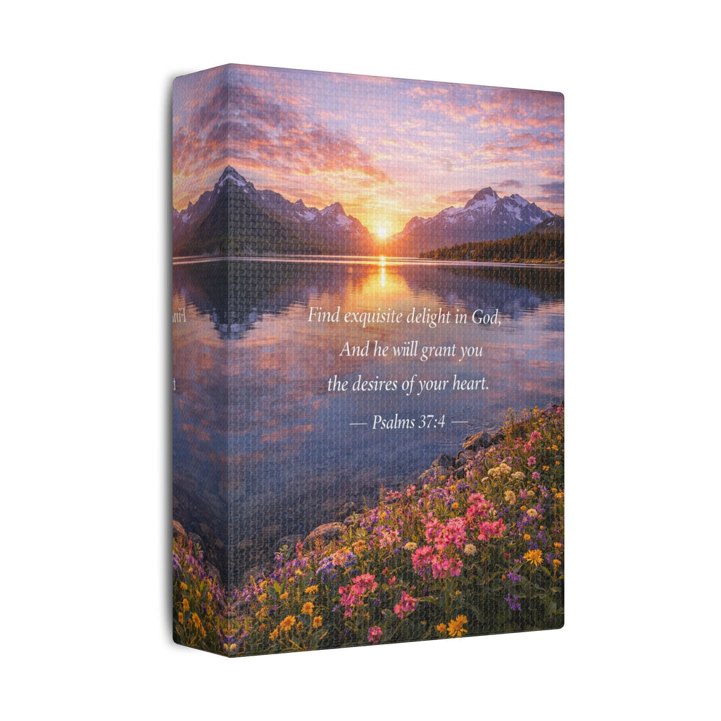Sunset Lake Psalm 37:4 Canvas — Peaceful Christian Scripture Wall Art