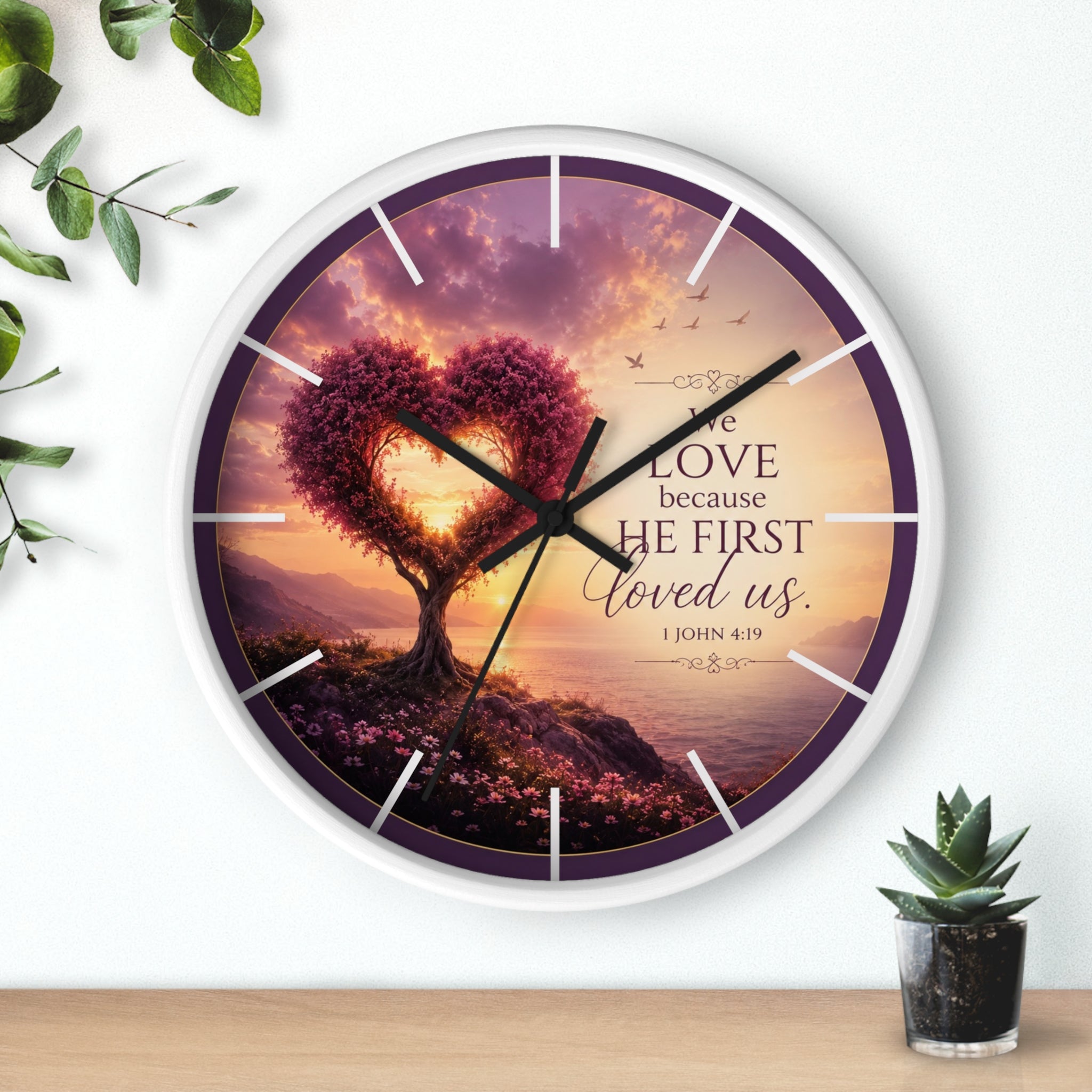 We Love Because He First Loved Us Wall Clock | Christian Heart Tree Decor | 1 John 4:19 Scripture Clock