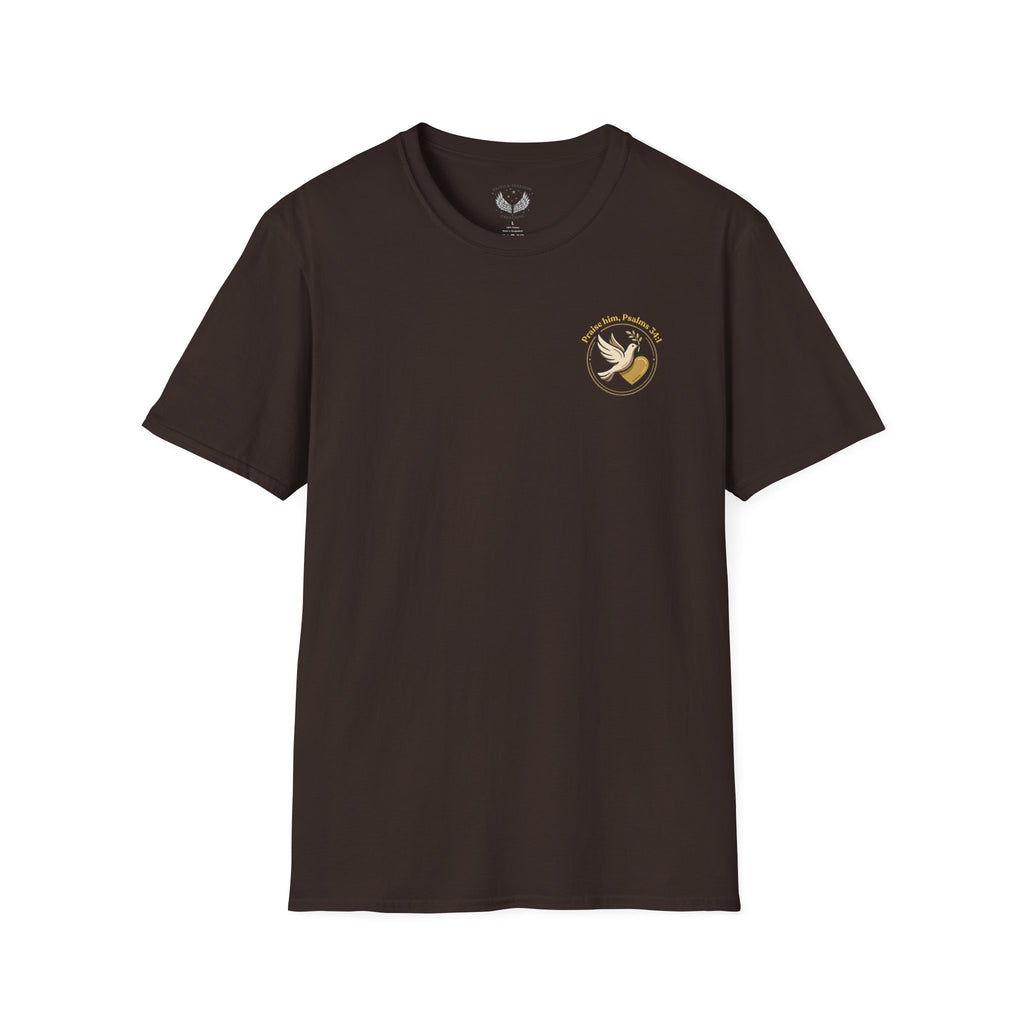 Minimalist Christian T-shirt featuring a Dove of Peace chest emblem with the words “Pray, Love, Remember” on a soft lightweight faith-inspired tee.