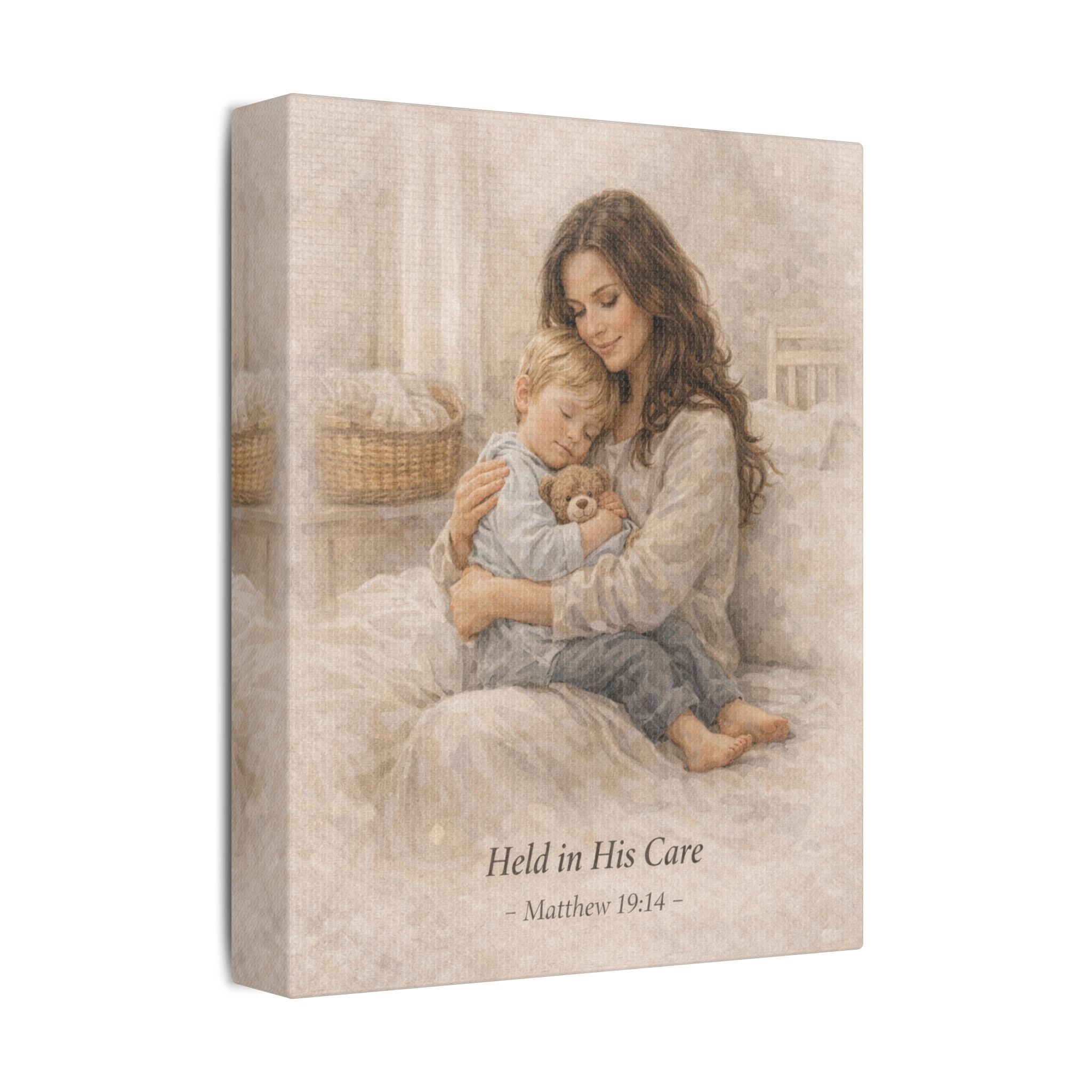 Held in His Care Canvas Wall Art – Matthew 19:14 Mother & Child