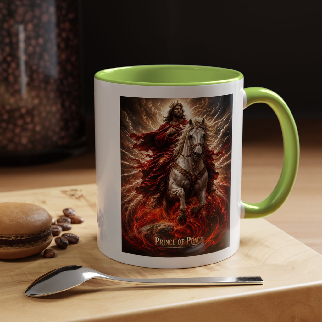 Inspirational Christian coffee mug featuring Jesus riding a white horse surrounded by radiant heavenly light with Prince of Peace artwork and colorful accent handle and interior.