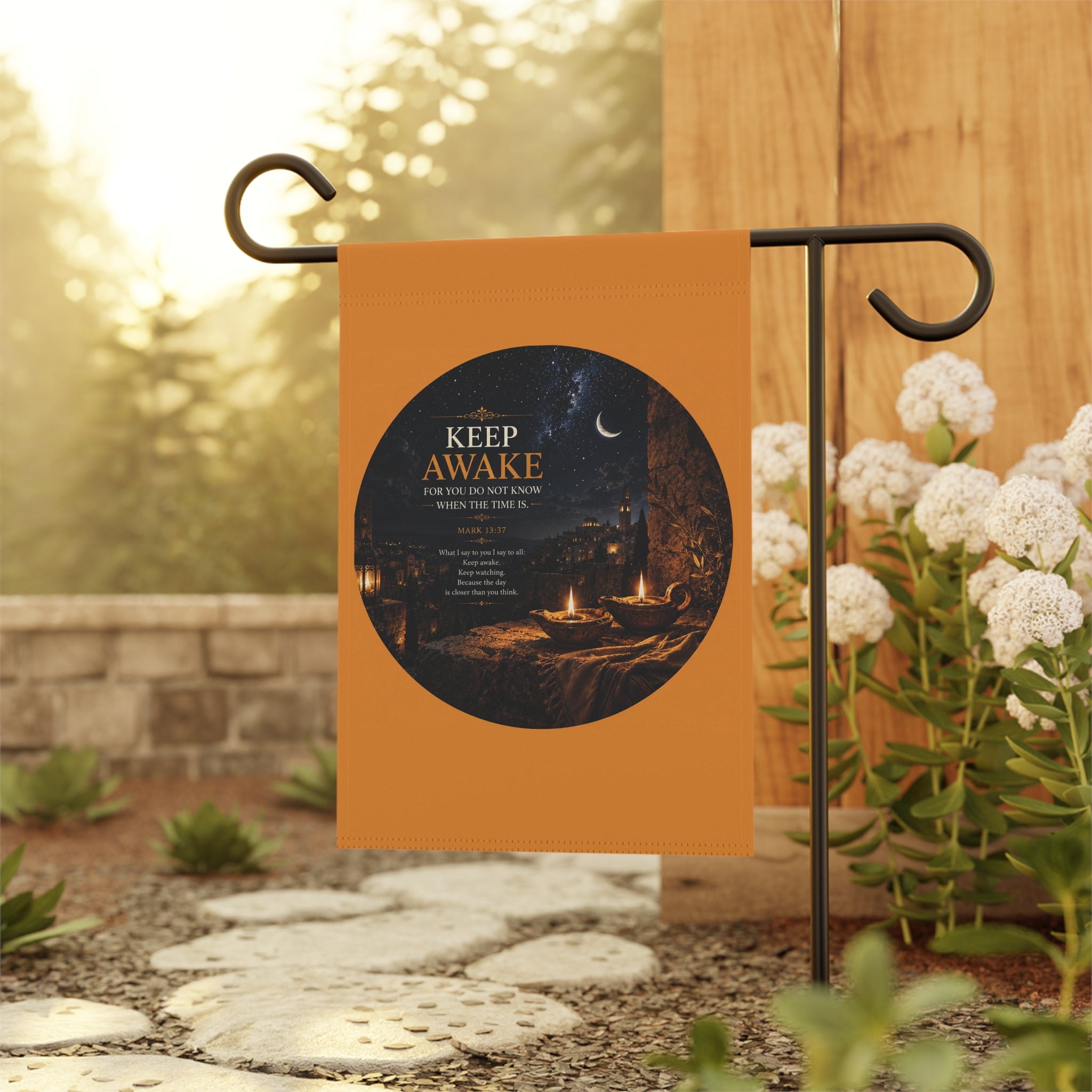 Inspirational garden flag featuring candlelight, a crescent moon, and a glowing stone pathway with the phrase “KEEP AWAKE” in warm golden tones against deep indigo skies.