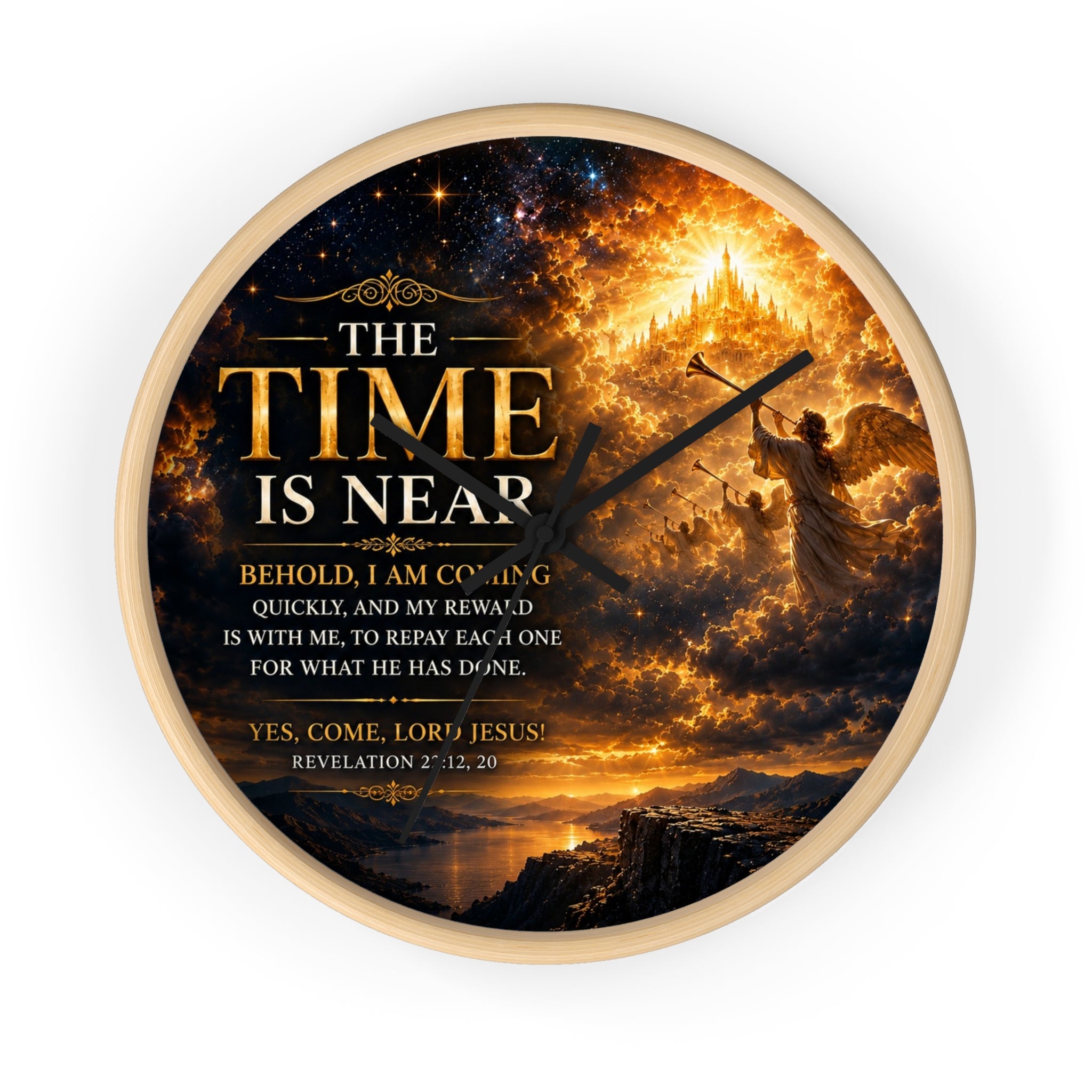 Inspirational Christian wall clock featuring fiery skies, a radiant heavenly city, and Revelation 22:12-20 scripture artwork with “The Time Is Near” message.