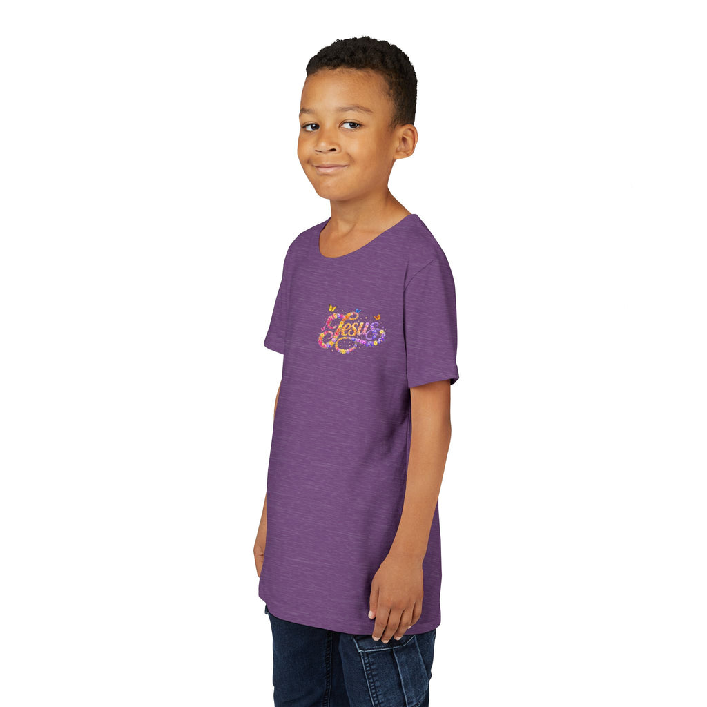 Youth Jesus Floral Script T-Shirt – Butterfly Christian Kids Tee | Faith Youth Shirt
