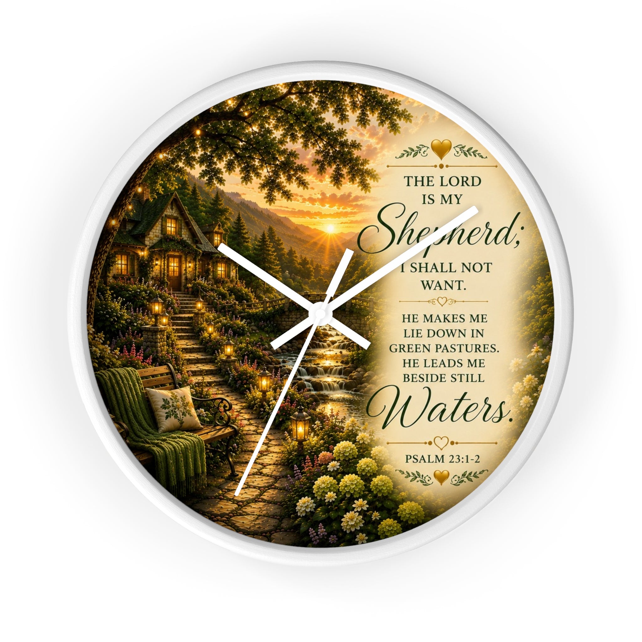 Inspirational Christian wall clock featuring a lantern-lit cottage pathway at sunset with Psalm 23 scripture about the Lord being my Shepherd.