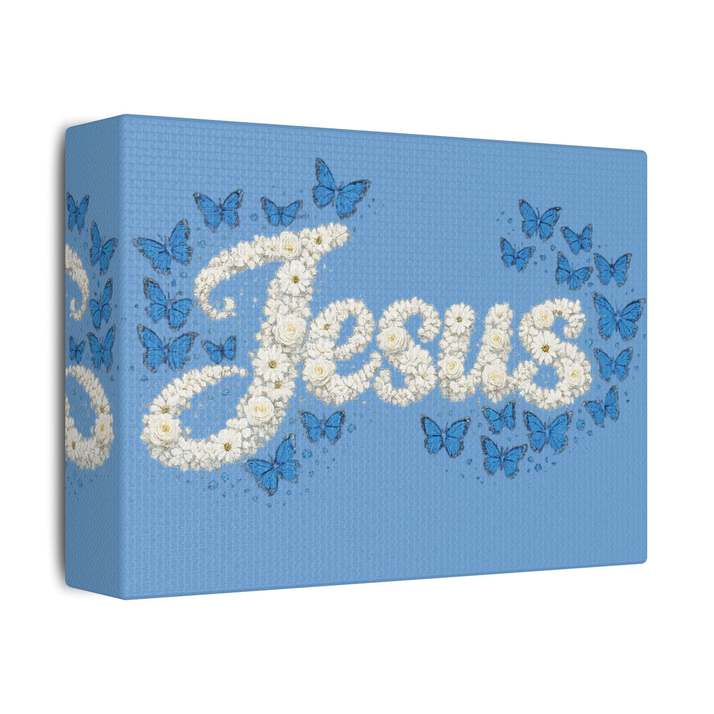Jesus Floral Blue Butterfly Canvas Wall Art – Christian Satin Faith Print | Inspirational Home Decor