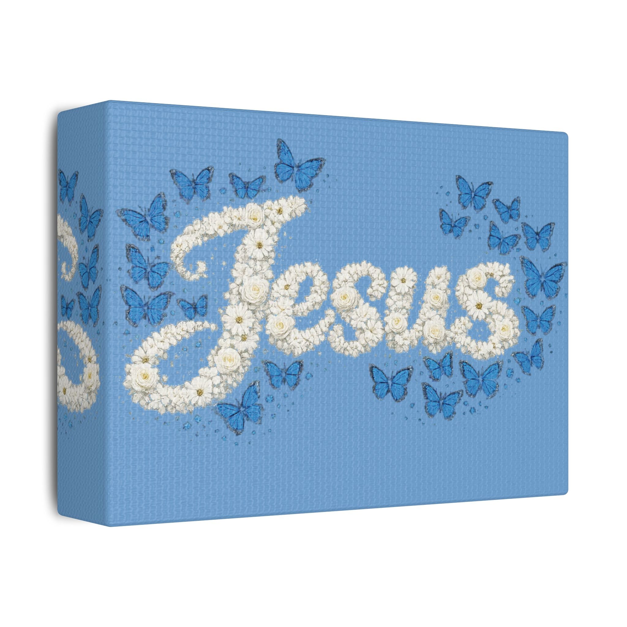 Jesus Floral Blue Butterfly Canvas Wall Art – Christian Satin Faith Print | Inspirational Home Decor